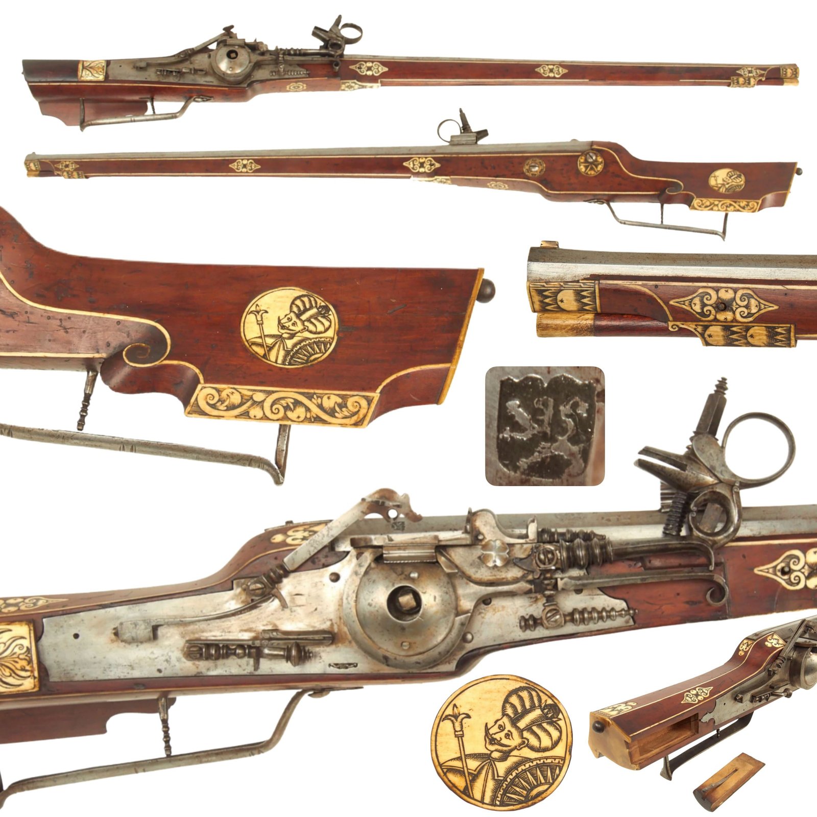 Buy Original Circa 1580 German Combination Wheellock Matchlock Gun with Engraved Inlaid Staghorn | Original Firearms Antique For Sale