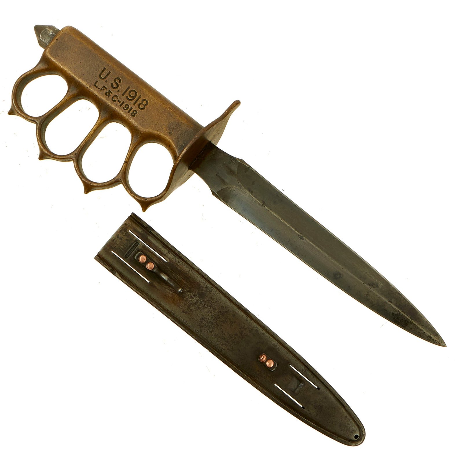 Buy Original U.S. WWI Model 1918 Mark I Trench Knife by L. F. & C. with 1918 dated Steel Scabbard | Original Firearms Antique For Sale