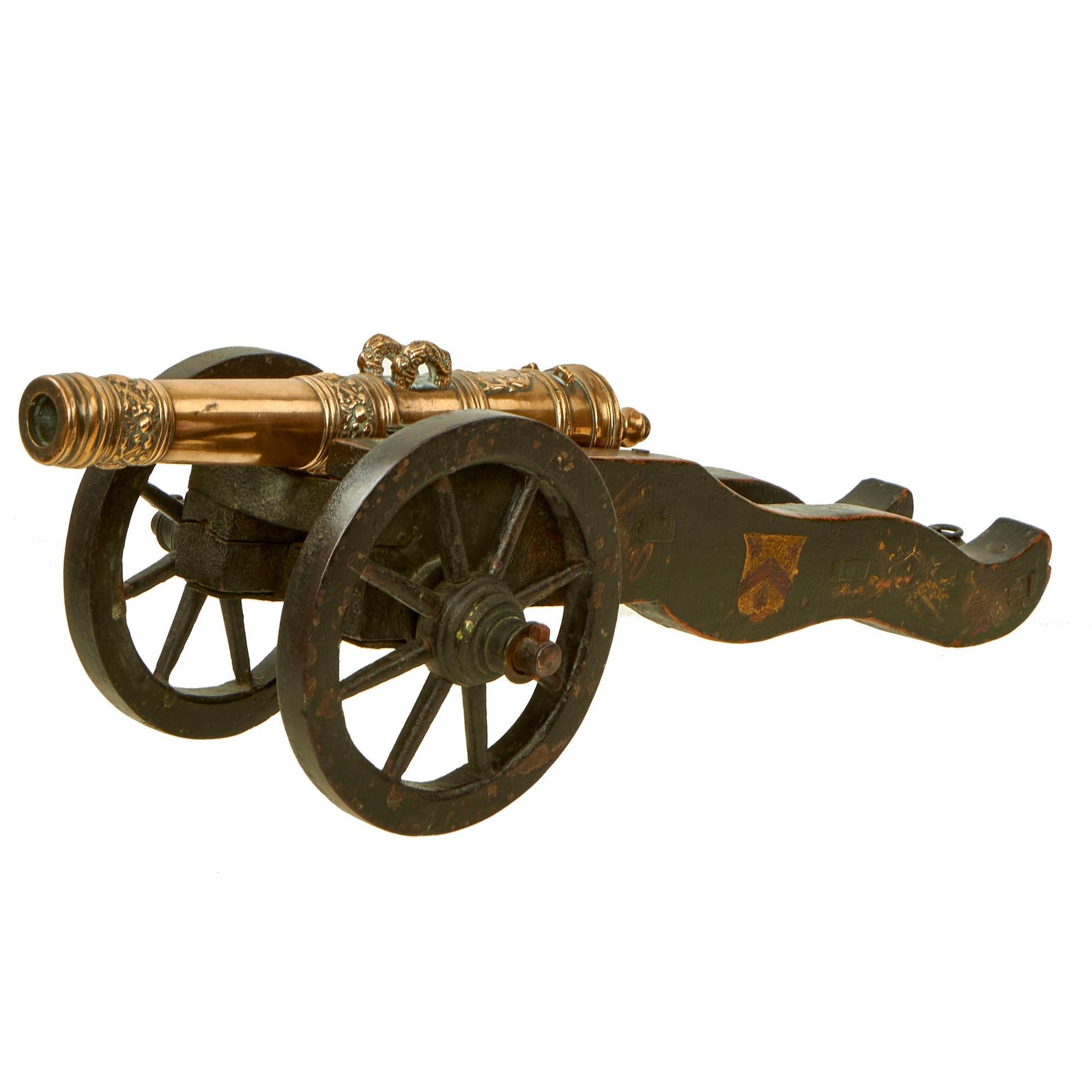 Buy Original Exquisite 17th century Dutch Bronze Signal Cannon on Ornately Painted Wooden Field Carriage | Original Firearms Antique For Sale