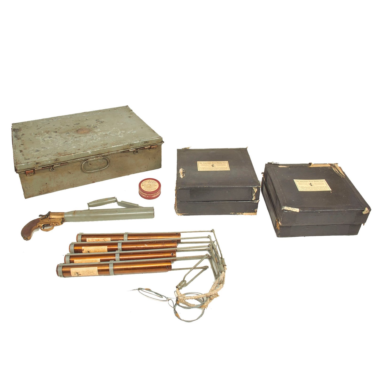 Buy Original British Pre-WWII Schermuly Pistol Rocket Apparatus Rescue Line Thrower Set in Case - Serial No 65213 | Original Firearms Antique For Sale