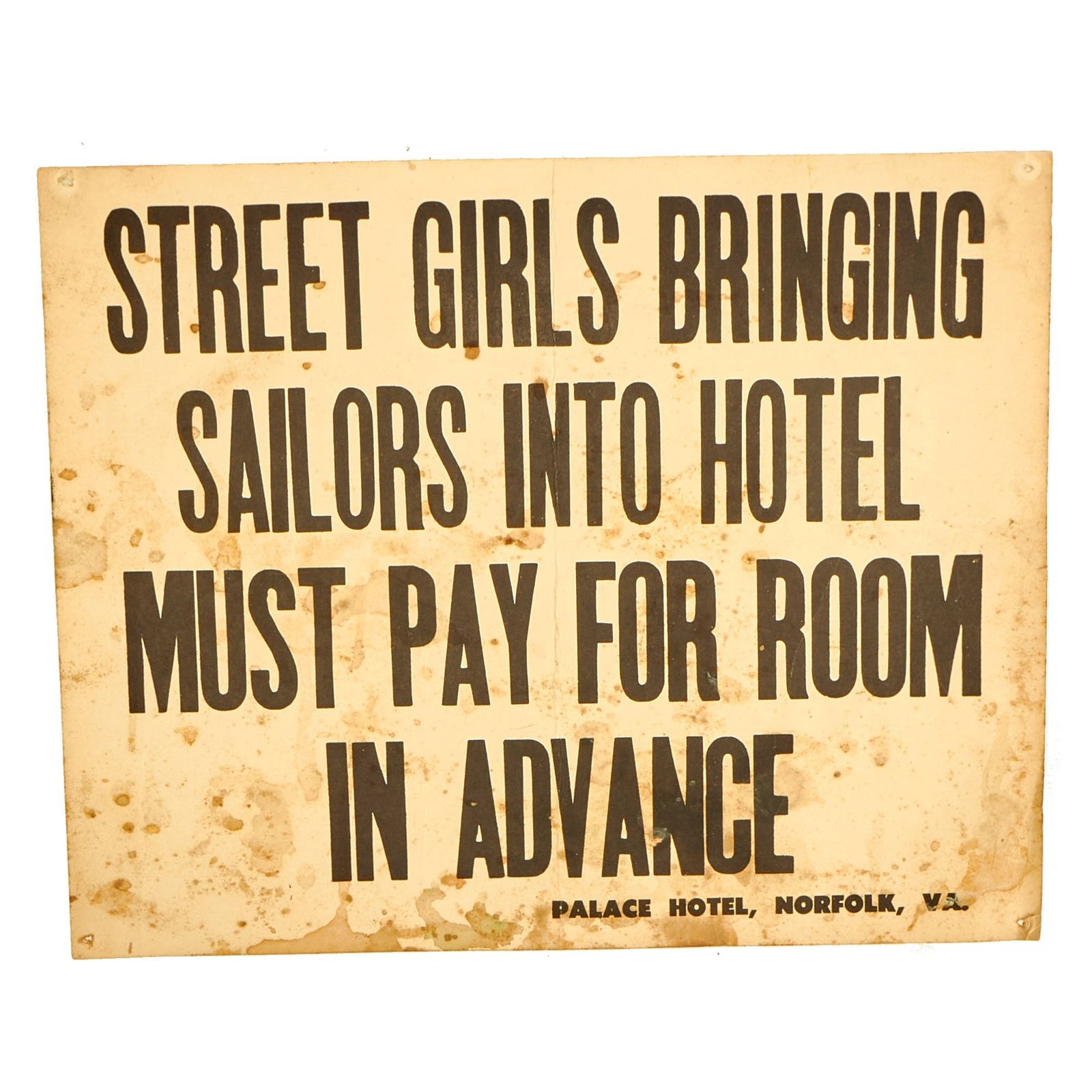 Buy Original U.S. WWII Era Palace Hotel Norfolk, Virginia “Street Girls” Paper Sign - 14” x 11” | Original Firearms Antique For Sale