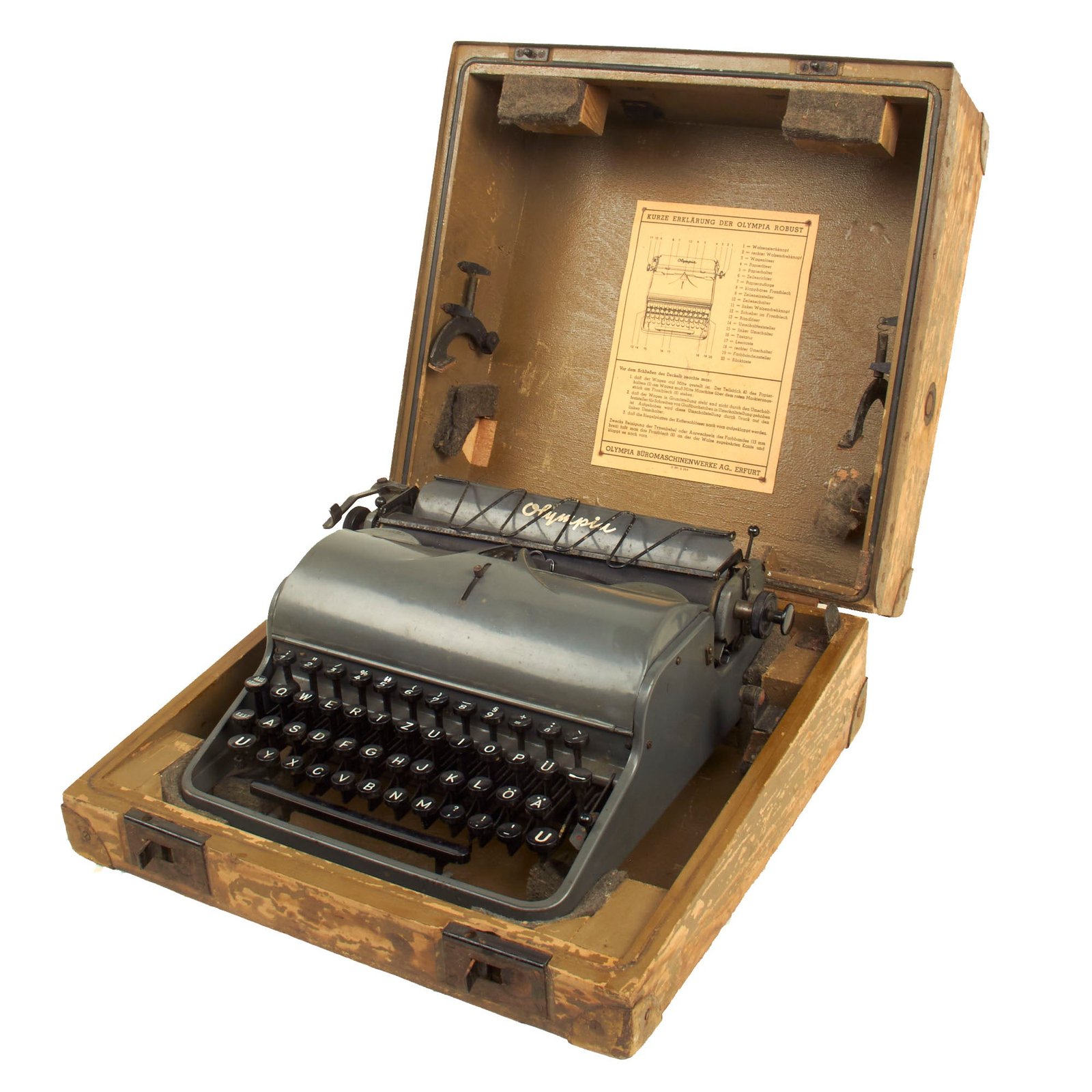 Buy Original German WWII Rare SS Typewriter by Olympia Serial 514801 with Sanitized SS Typebar in Case - ROBUST Model | Original Firearms Antique For Sale