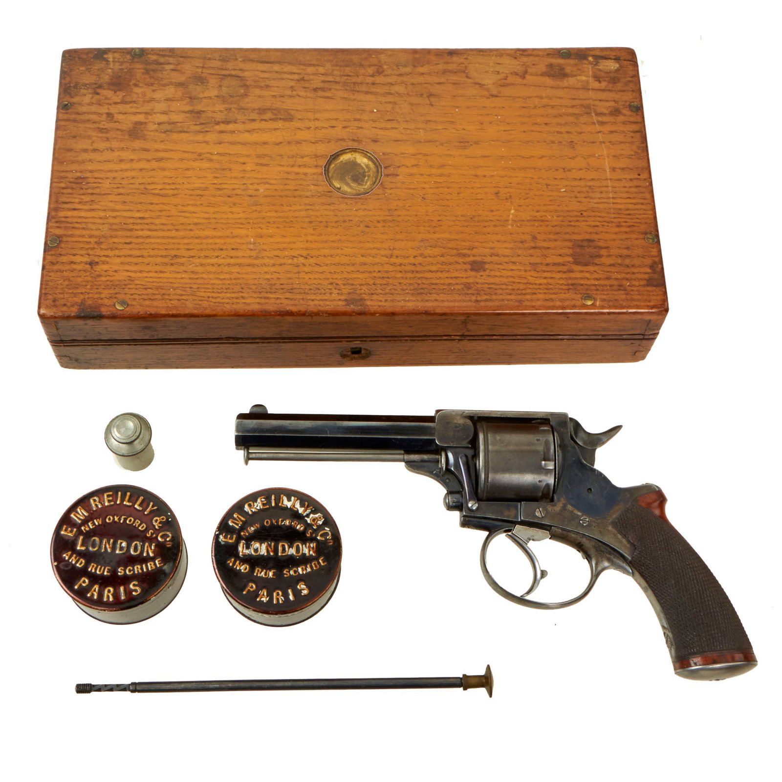 Buy Original Excellent British Victorian Officer's Tranter .450 Boxer Revolver by E.M. Reilly Serial 32643 in Custom Case with Accessories | Original Firearms Antique For Sale