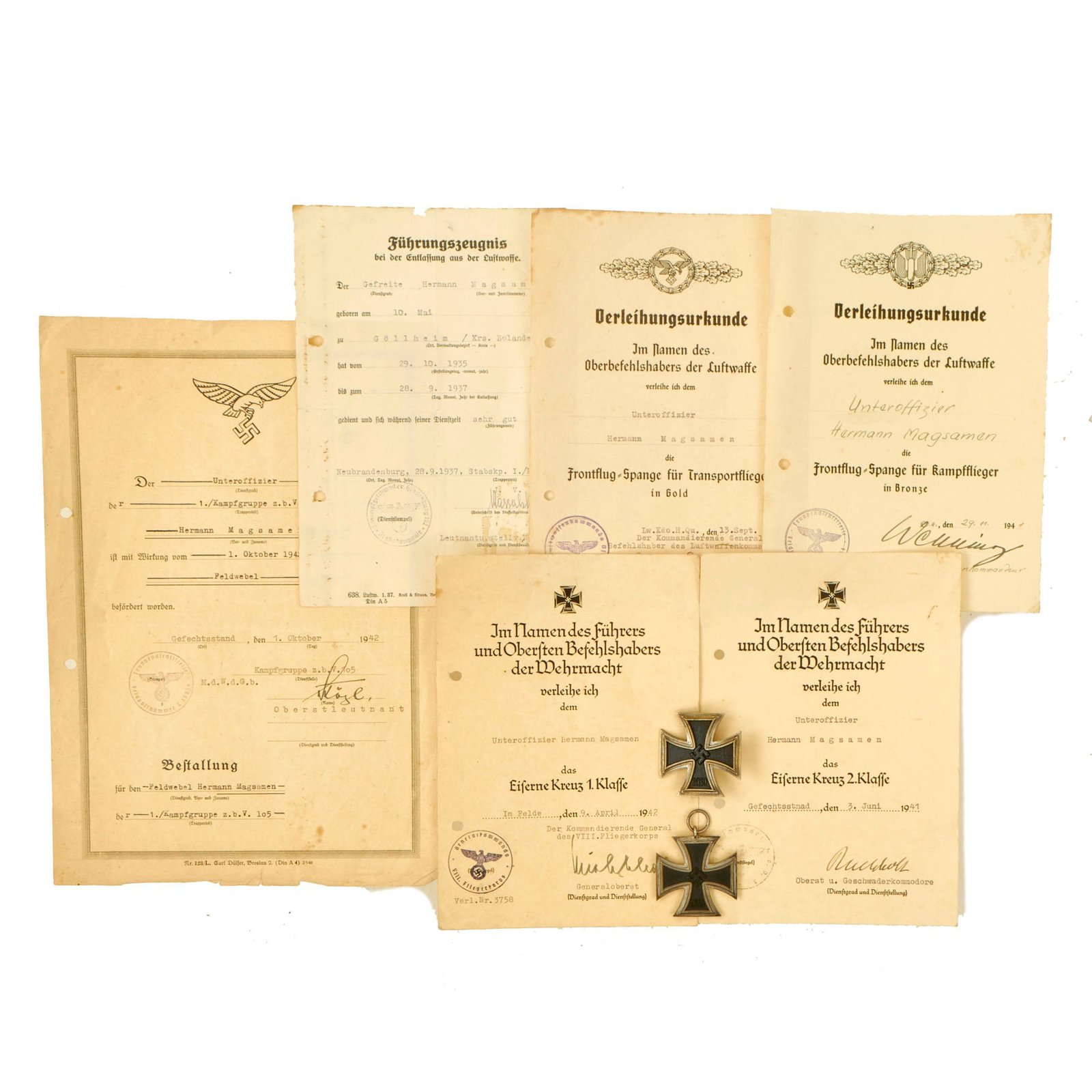 Buy Original German WWII Luftwaffe Feldwebel Hermann Magsamen Award and Document Grouping - EKII, EKI & More | Original Firearms Antique For Sale