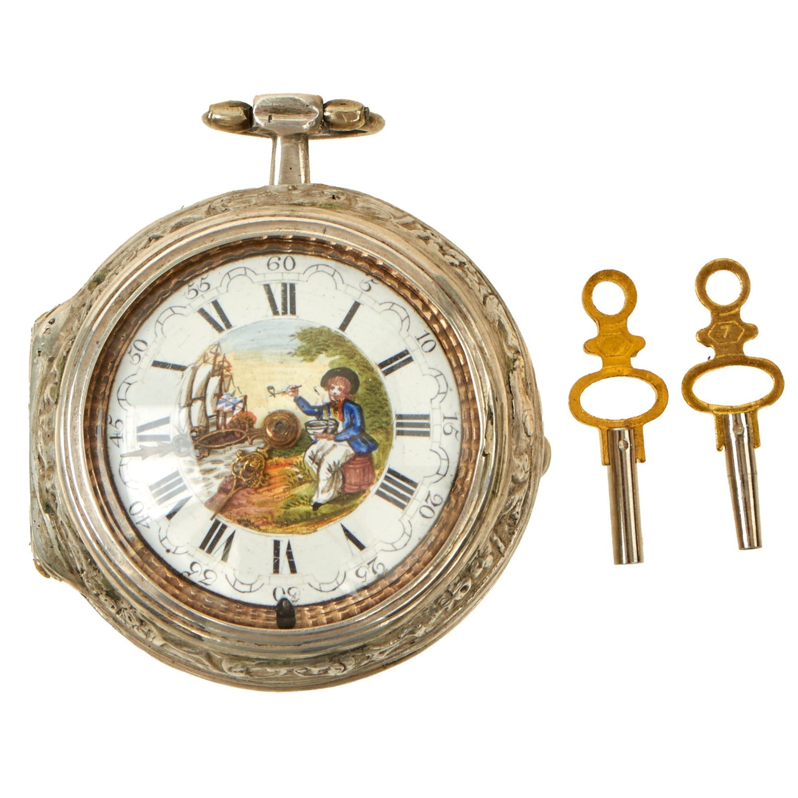 Buy Original Dutch 18th Century Naval Officer’s Verge Fusee Pocket Watch Signed Gerrit Rensman, Zwol with Keys - c. 1730 | Original Firearms Antique For Sale
