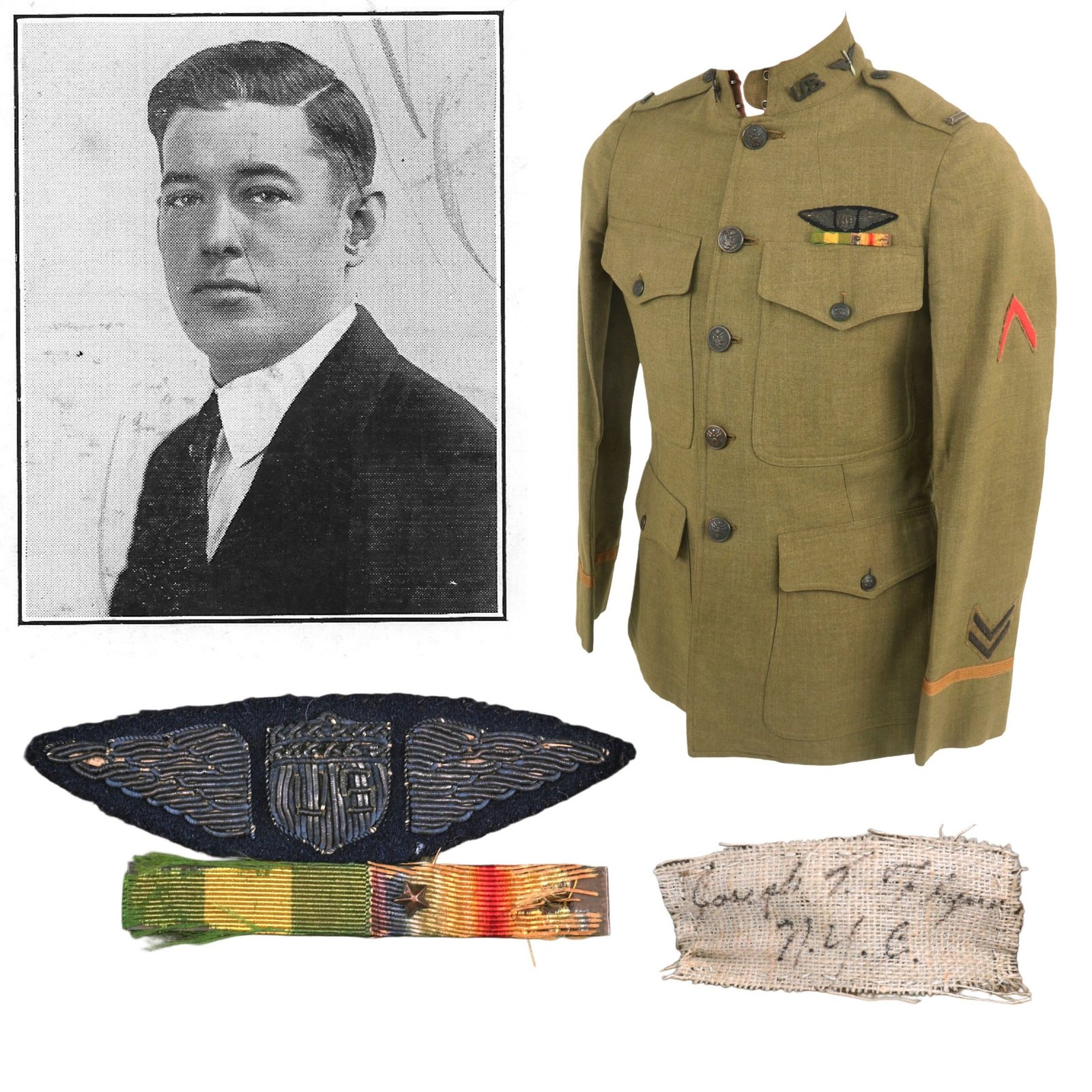 Buy Original U.S. WWI Last American Pilot Shot Down in World War I’s Named Army Pilot’s Uniform with Bullion Wings - Joseph T. Flynn, 141st Pursuit Squadron | Original Firearms Antique For Sale