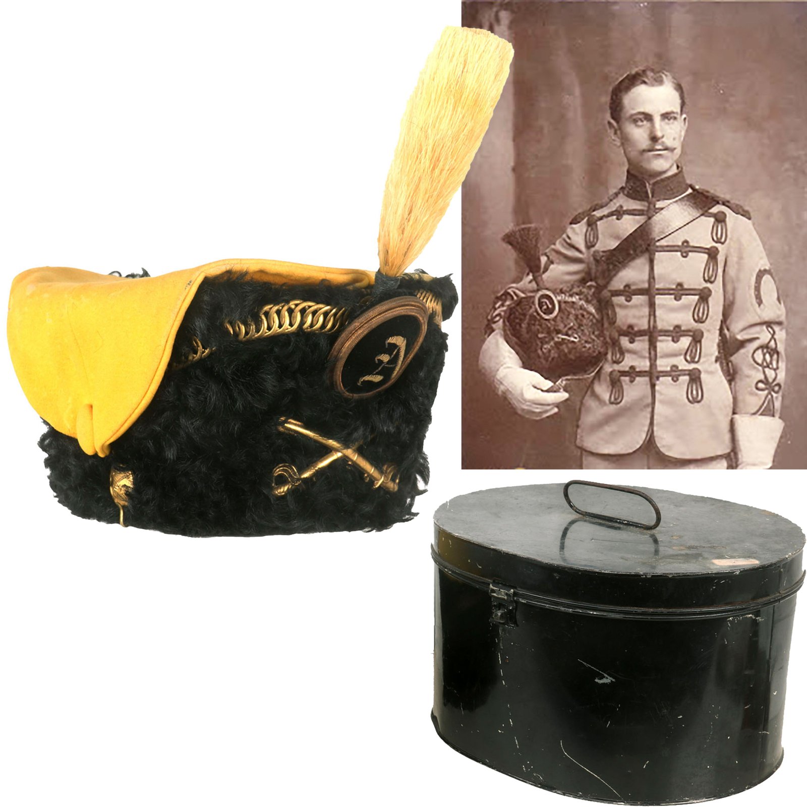 Buy Original U.S. Late 19th Century New York Hussars Squadron A Astrakhan Busby Hat with Plume by Warnock Uniform Co. with Transit Tin | Original Firearms Antique For Sale