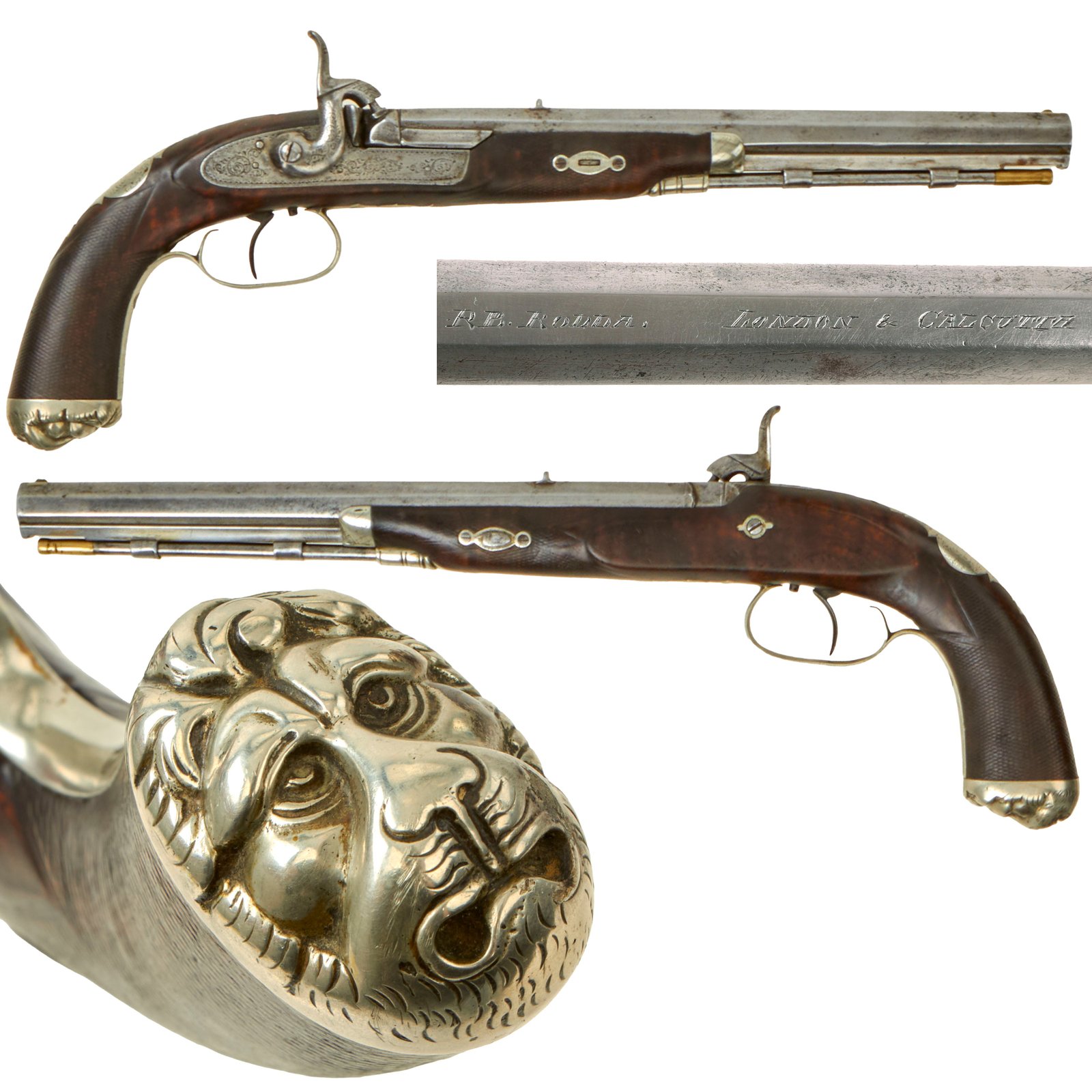 Buy Original British Circa 1830 Rifled Percussion Pistol Sold by R.B. RODDA LONDON & CALCUTTA with Silver Lion Head Pommel | Original Firearms Antique For Sale