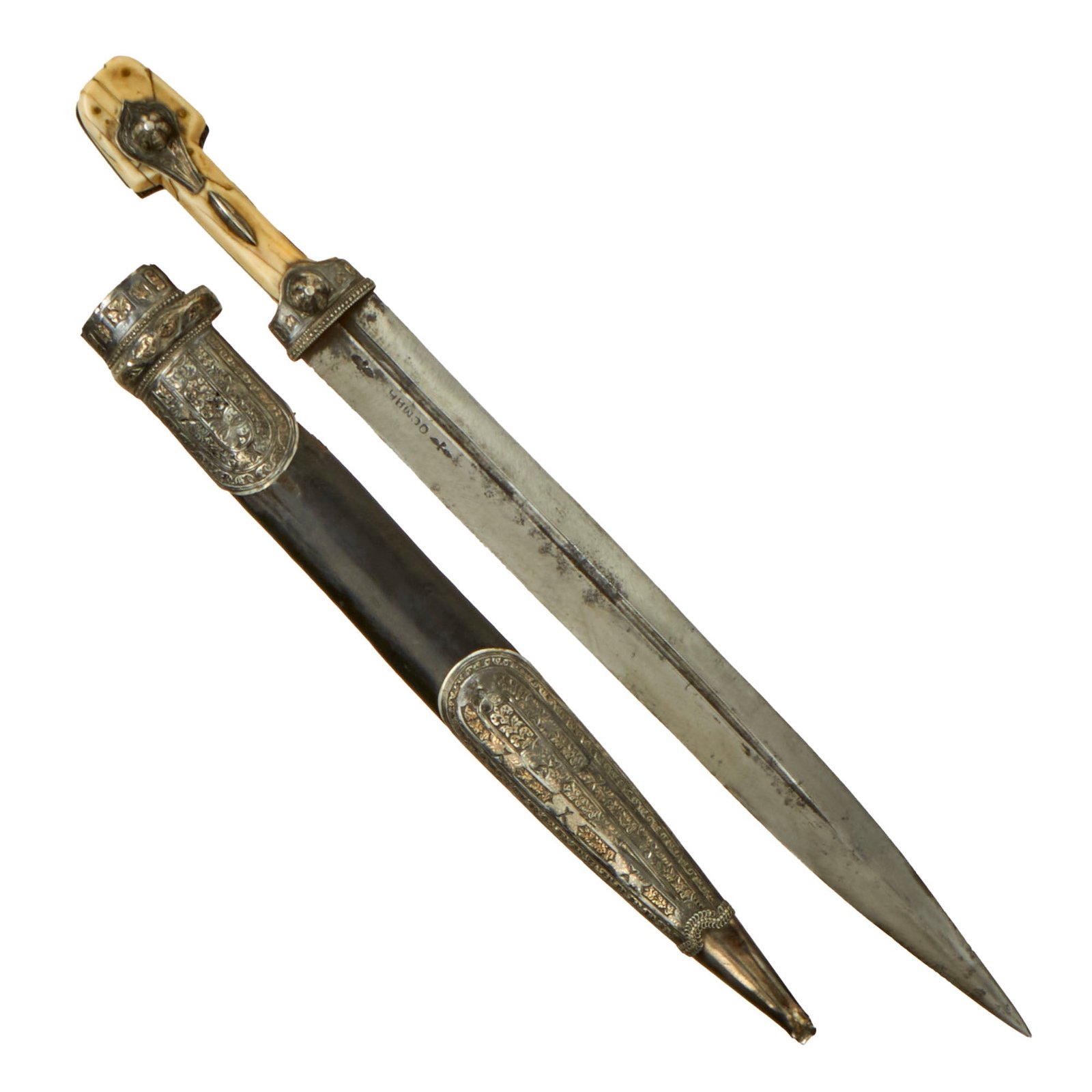 Buy Original Cossack Kindjal Dagger with Signed Blade & Silver Mounted Scabbard with Niello - Horn Grip - Circa 1850 | Original Firearms Antique For Sale