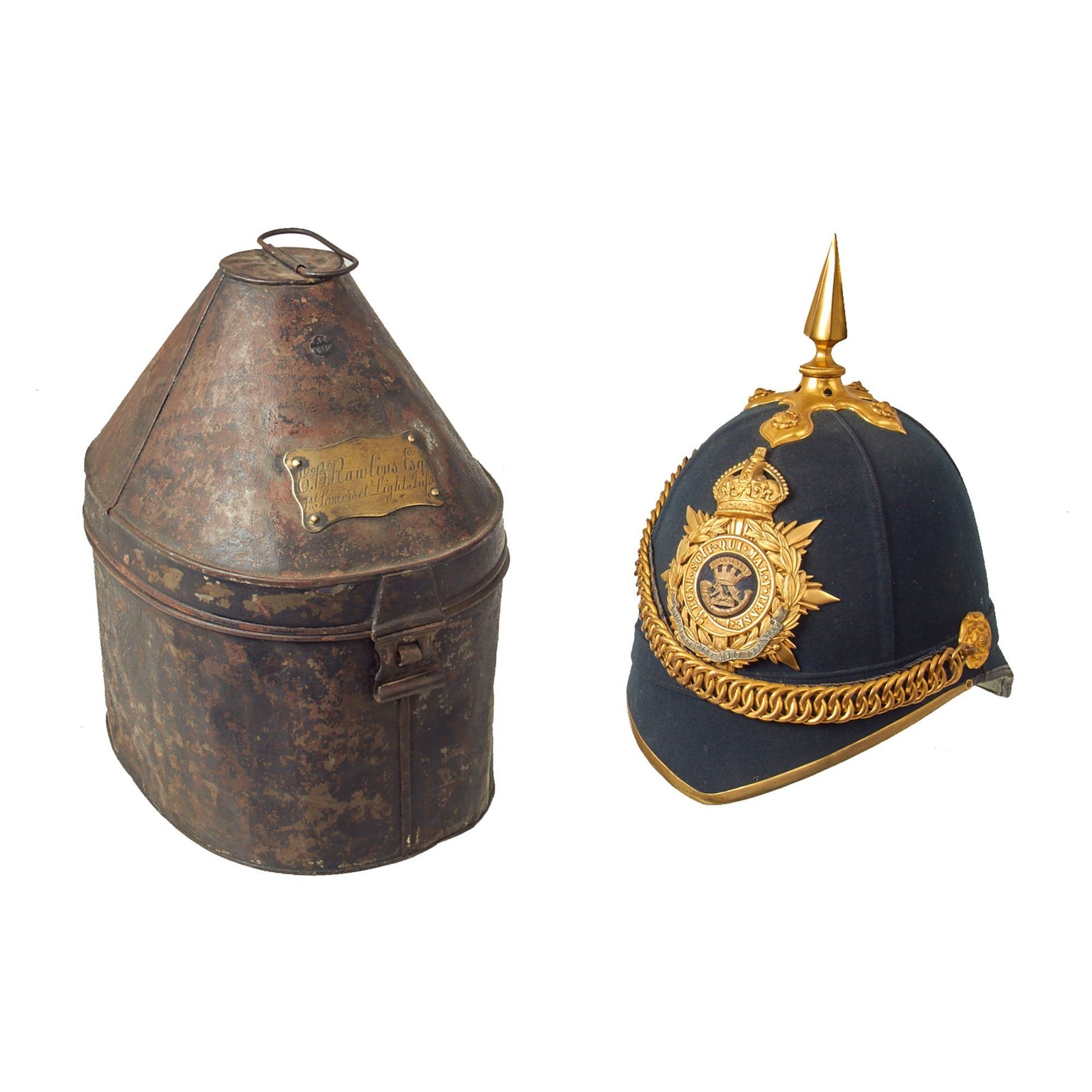 Buy Original British Pre-WWI Officers Spiked Somerset Light Infantry Regiment Blue Cloth Dress Helmet with Named Storage Tin | Original Firearms Antique For Sale