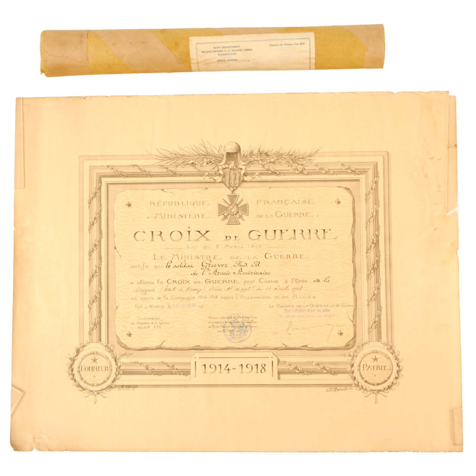 Buy Original U.S. WWI USMC Croix de Guerre Certificate Named to Marine KIA at Soissons in Original Shipping Tube - Fred Byron Gruver - 2x Silver Star Recipient | Original Firearms Antique For Sale