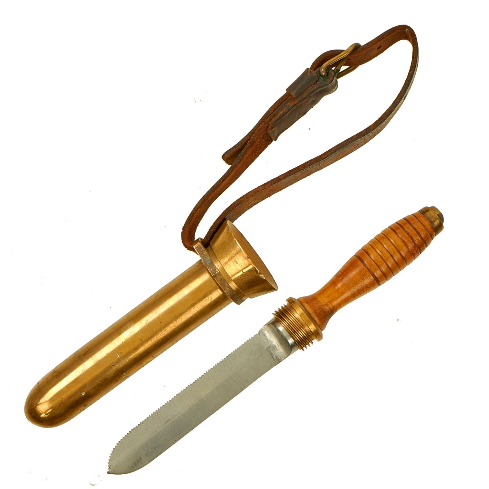 Buy Original U.S. WWII Morse Diving Equipment MK 5 Deep Sea Dive Knife with Brass Scabbard and Leather Securing Strap | Original Firearms Antique For Sale