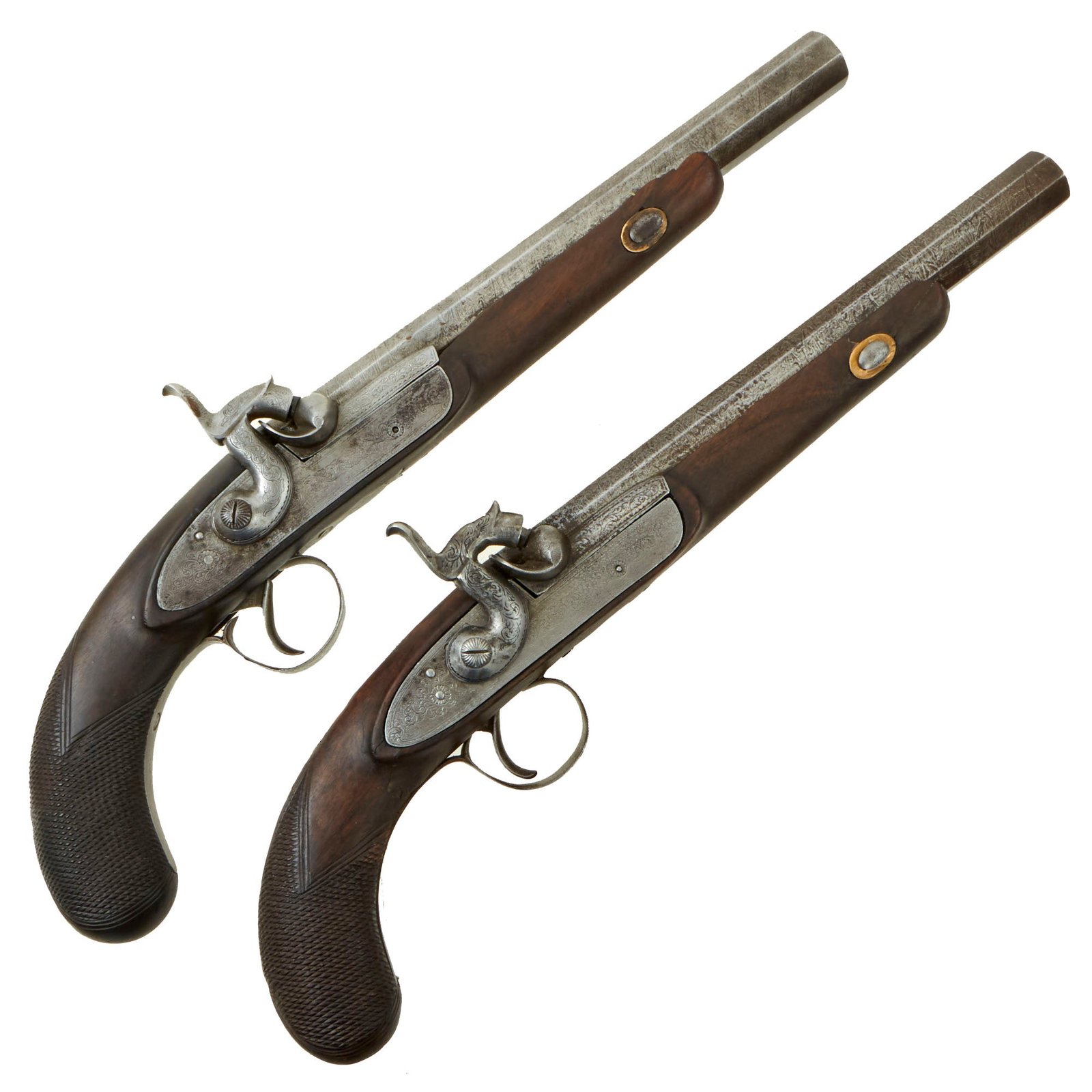 Buy Original Pair Of Unmarked European Style Rifled Percussion Pistols with Octagonal Damascus Barrels - circa 1850 | Original Firearms Antique For Sale