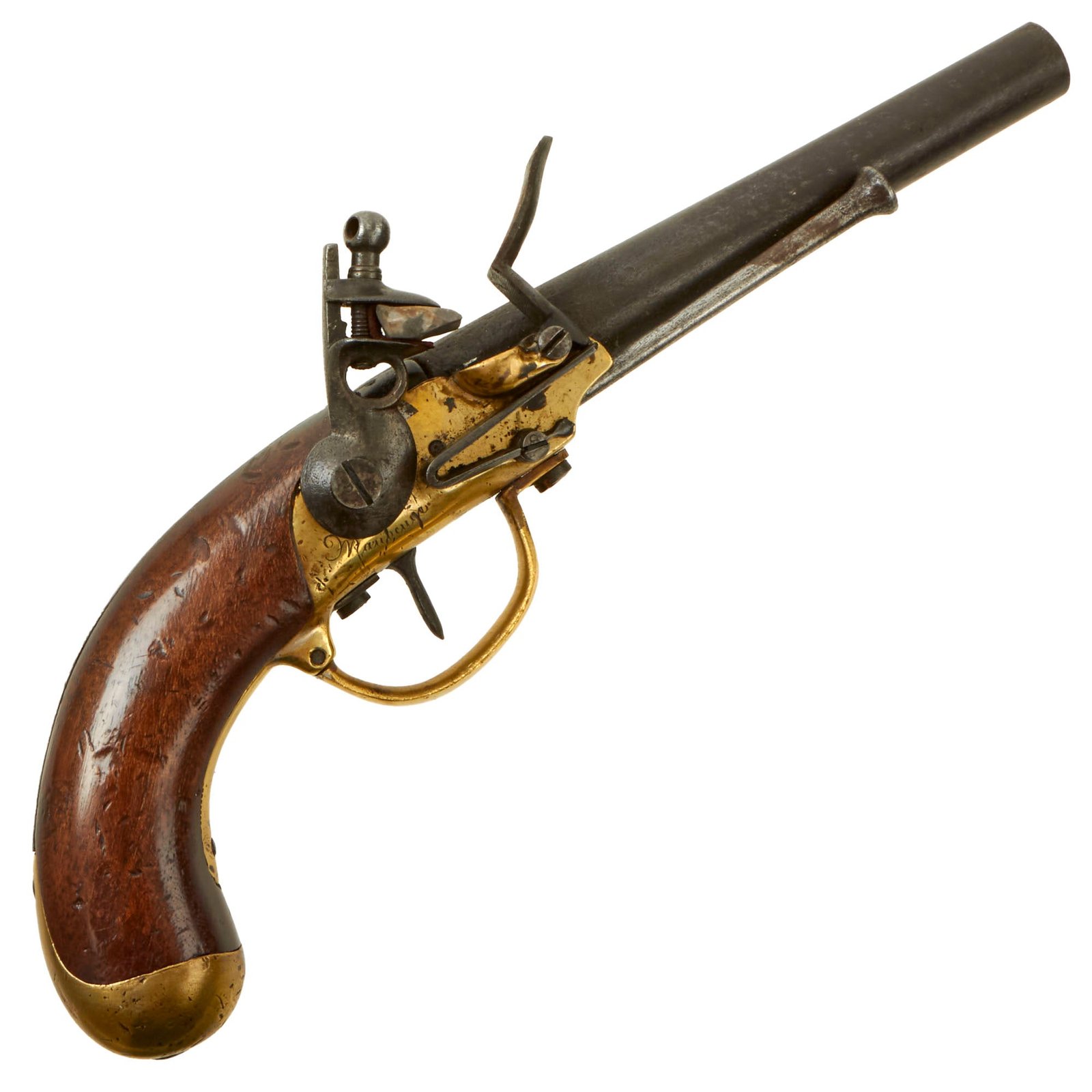 Buy Original French Modèle 1777 Brass Frame Flintlock Cavalry Pistol by Maubeuge Arsenal with Intact Belt Hook - Circa 1780 | Original Firearms Antique For Sale