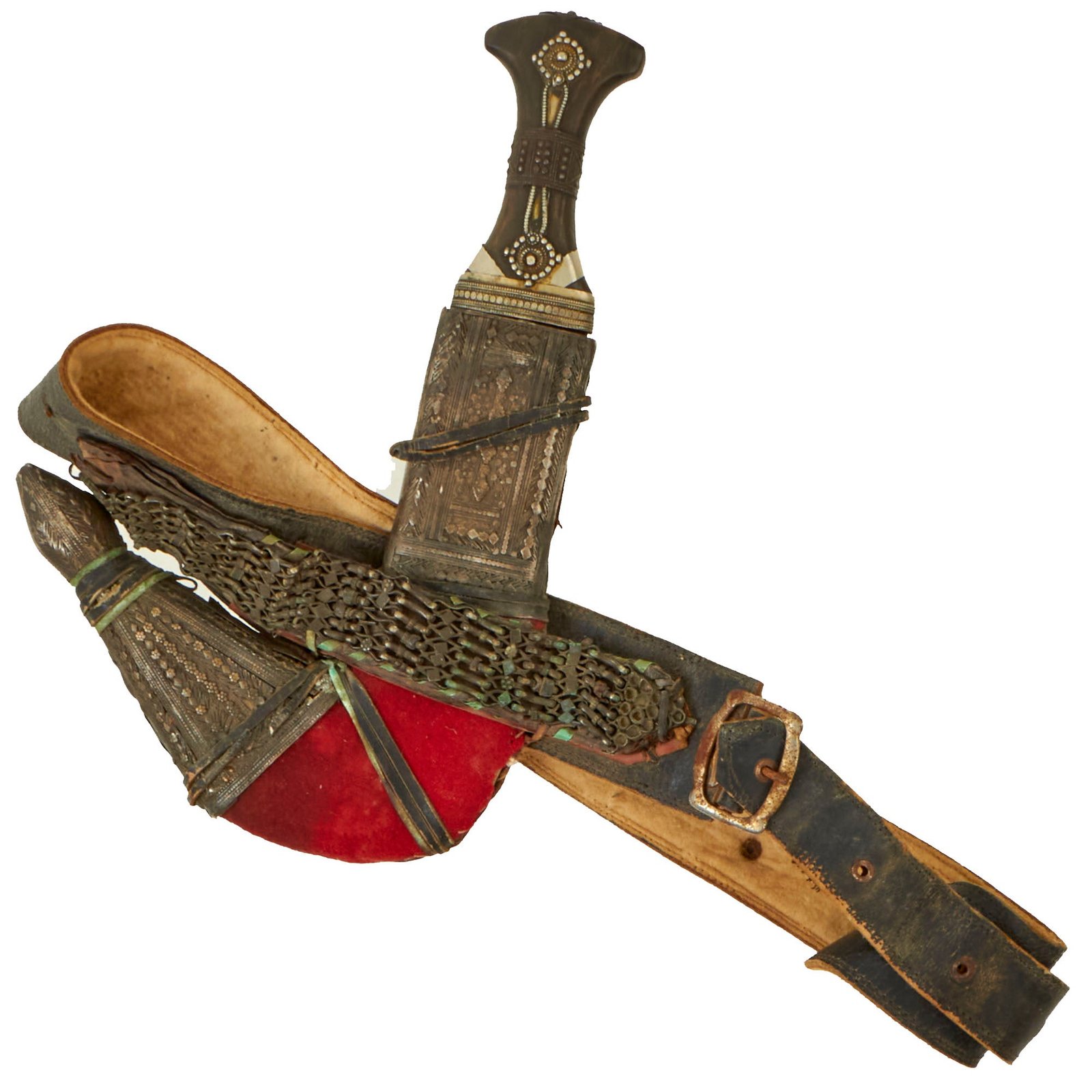 Buy Original 19th Century Arabian Horn Handled Jambiya Dagger with Decorated Scabbard and Leather Belt - Circa 1820 | Original Firearms Antique For Sale