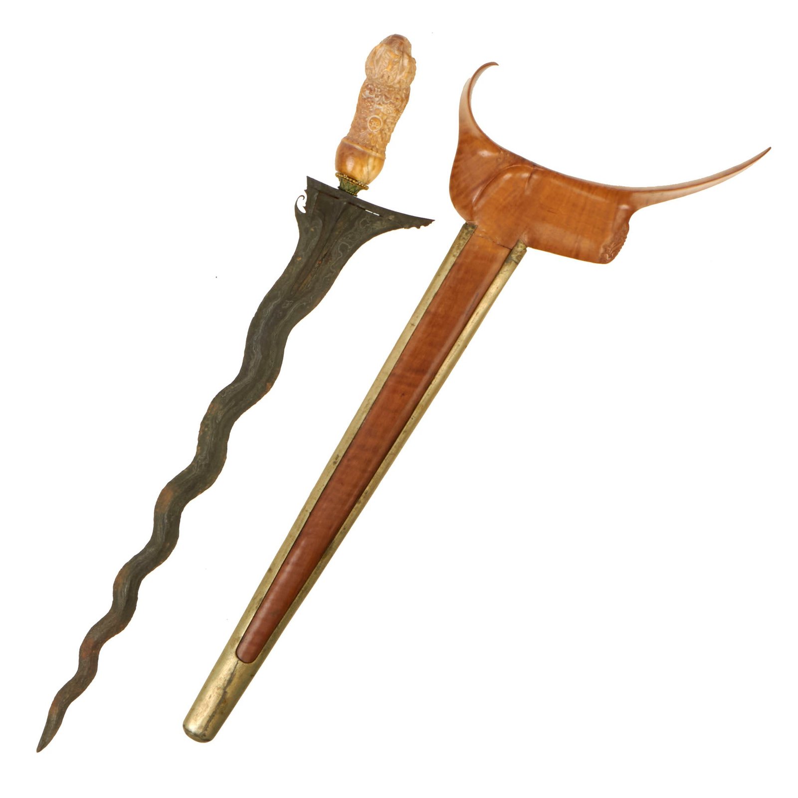 Buy Original Indonesian Kris Dagger from the Island of Madura with Carved Hippo Tusk Handle & Flamed Wood Scabbard - Circa 1820 | Original Firearms Antique For Sale