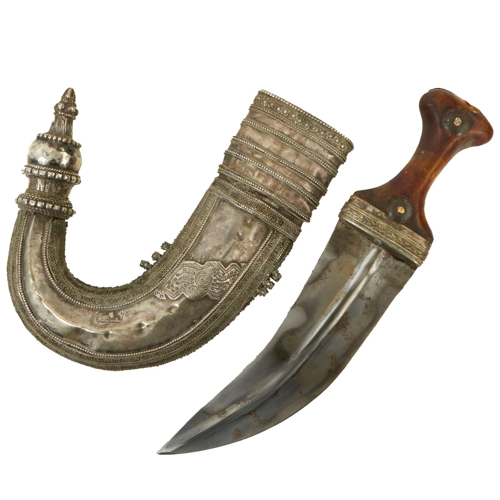 Buy Original 19th Century Arabian Jambiya Dagger with Heavily Silver Decorated Scabbard & Horn Hilt | Original Firearms Antique For Sale