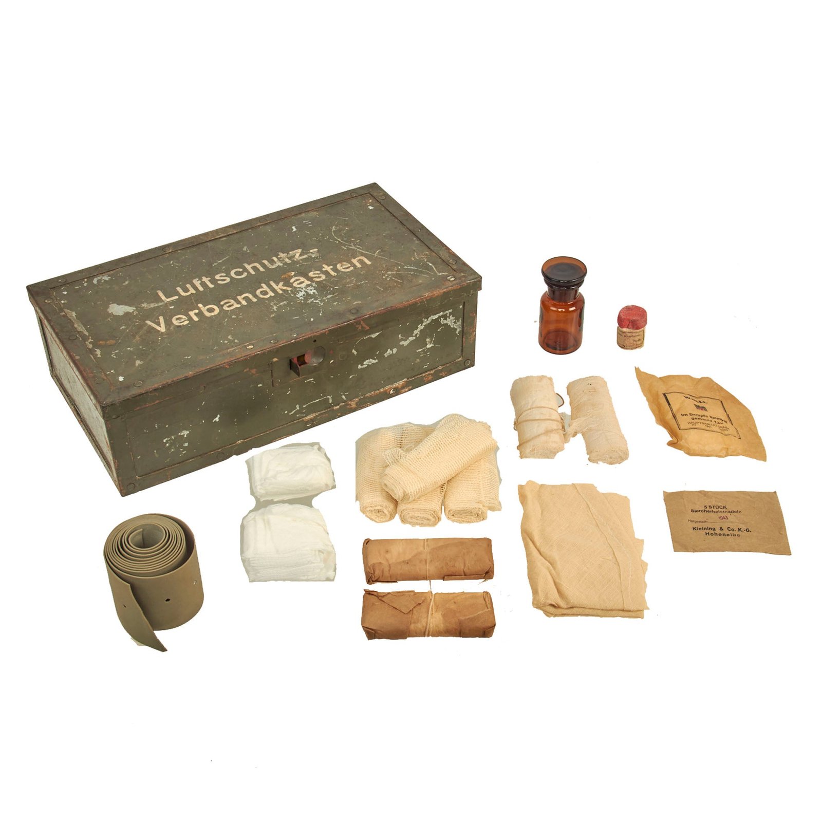 Buy Original German WWII Luftschutz Verbandkasten Medic First Aid Set in Feldgrau Steel Chest with WWII Dated Contents | Original Firearms Antique For Sale