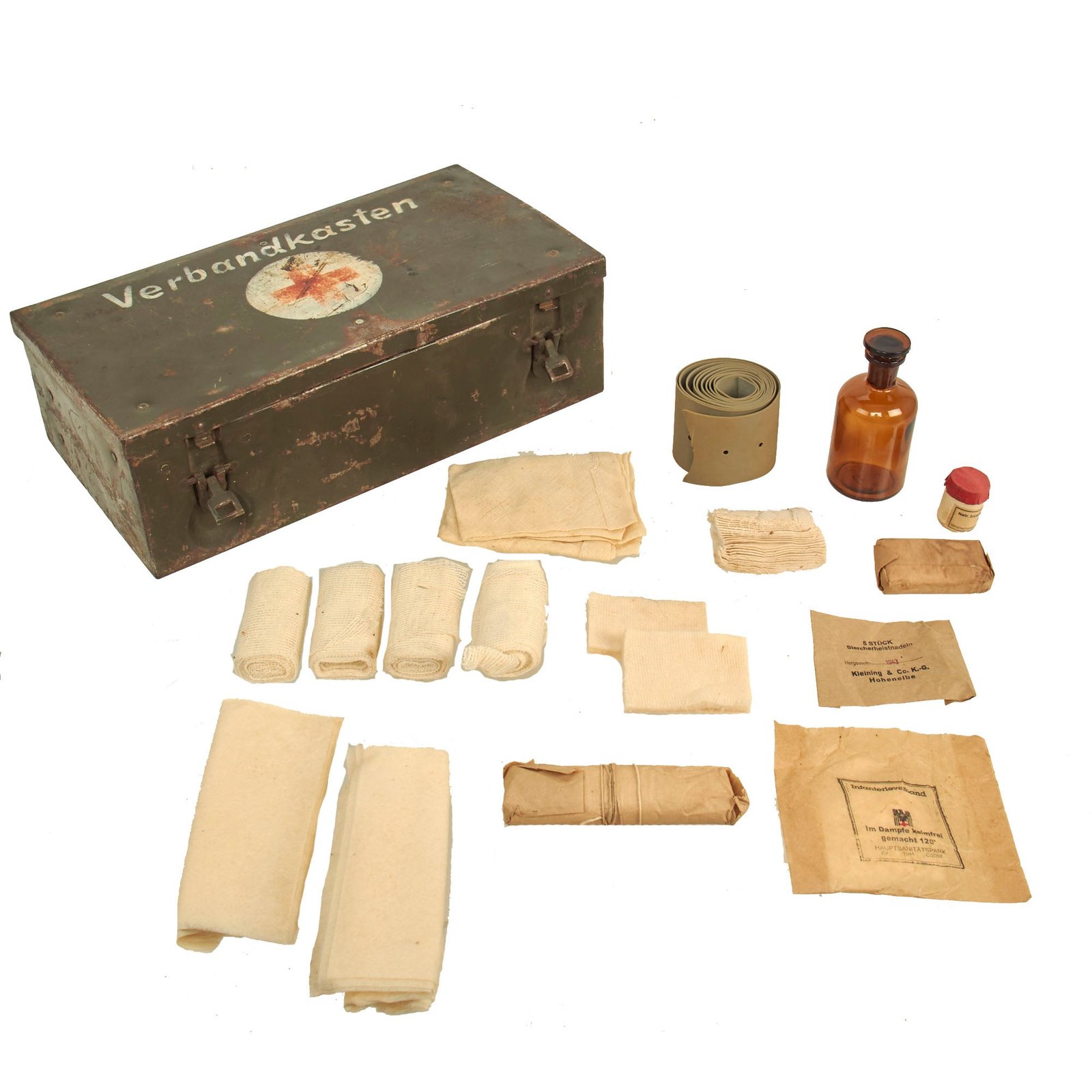 Buy Original German WWII Verbandkasten Medic First Aid Set in Gray Blue Steel Chest with Label | Original Firearms Antique For Sale