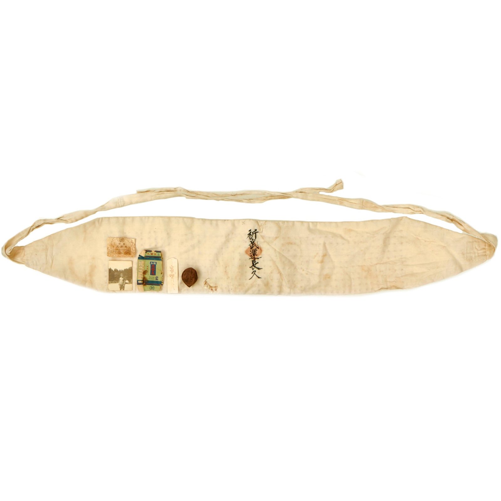 Buy Original Japanese WWII Senninbari 1000 Stitch Belt With Photo, “Good Luck” Hair and More - 89” x 5” | Original Firearms Antique For Sale