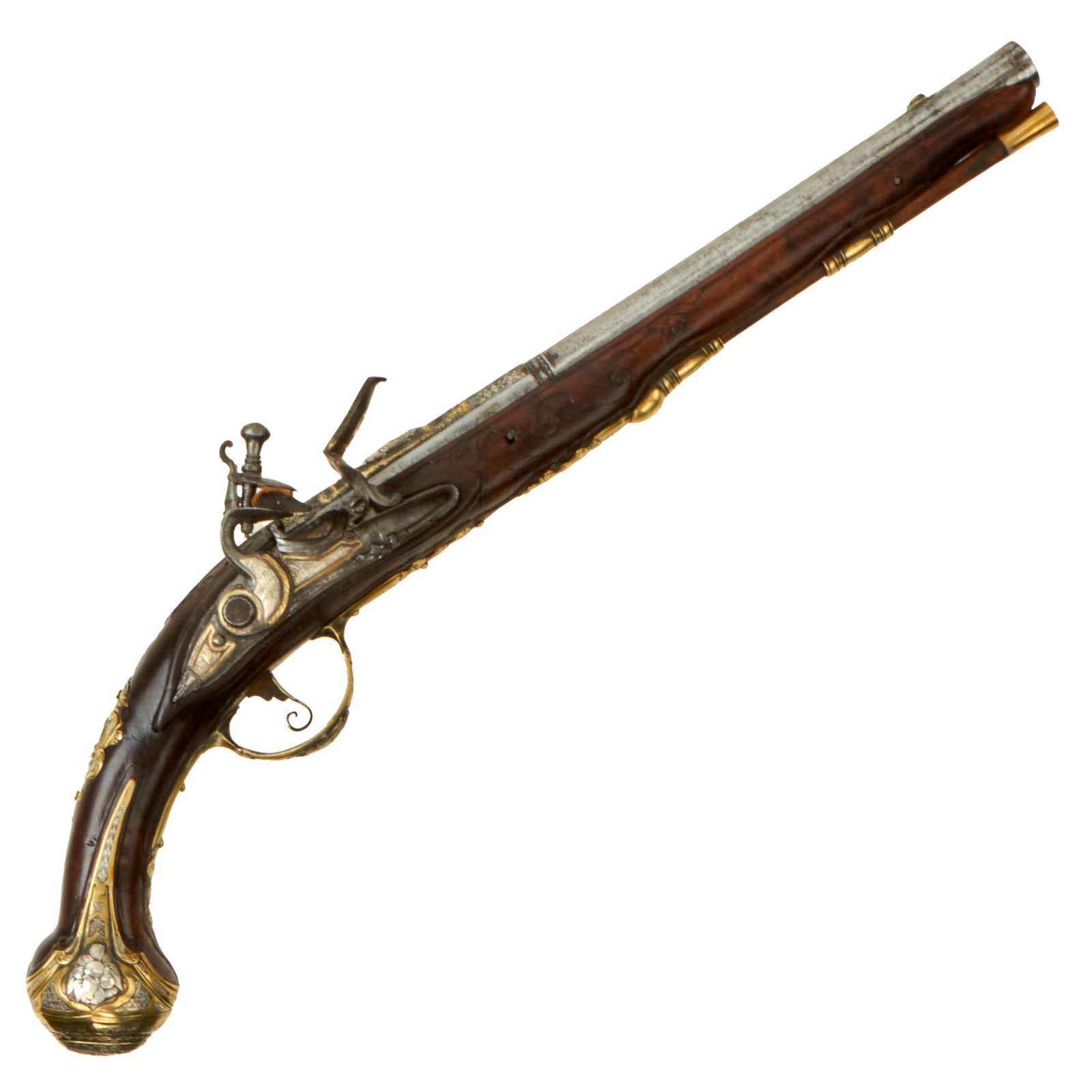 Buy Original 18th Century Silver and Brass Inlaid Italian Flintlock Pistol by Giulio Stornat of Brescia with Carved Stock - Circa 1730 | Original Firearms Antique For Sale