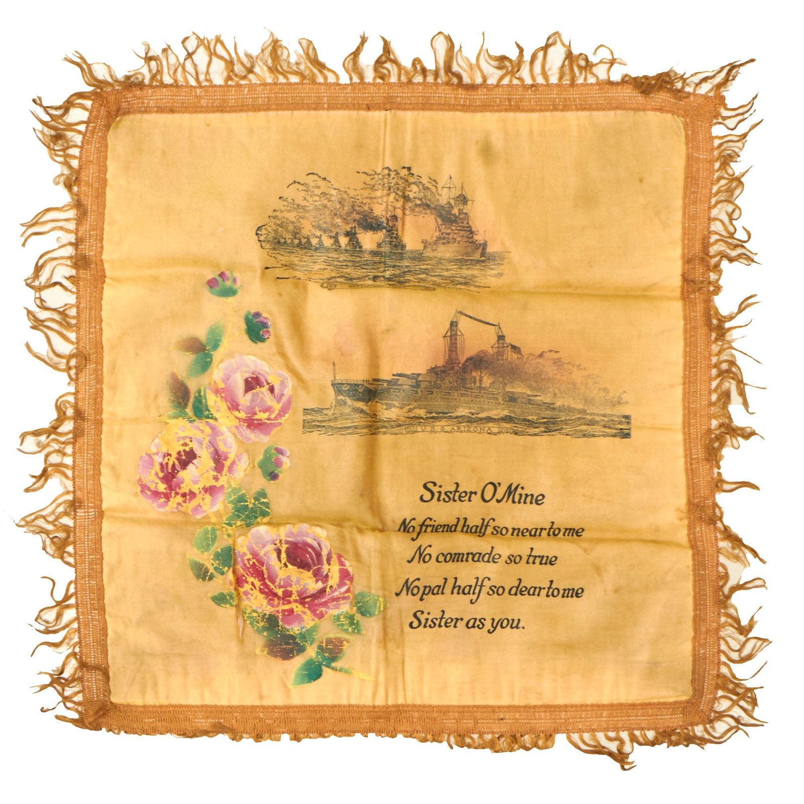 Buy Original U.S. Pre-WWII USS Arizona (BB-39) “Sister O’Mine” Pillow Case - Sunk During The Attack at Pearl Harbor, December 7, 1941 | Original Firearms Antique For Sale