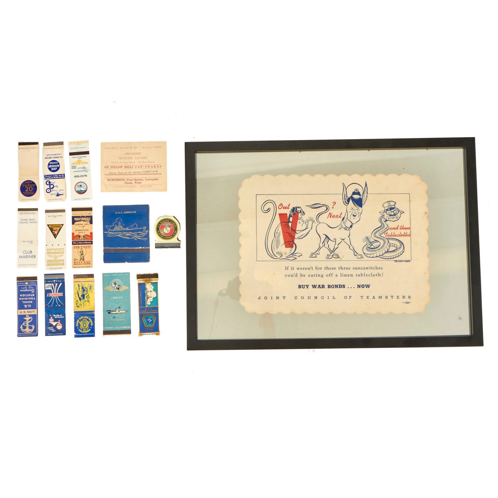Buy Original U.S. WWII Propaganda Item & Matchbook Lot - Framed Placemat & Jap Hunting License | Original Firearms Antique For Sale