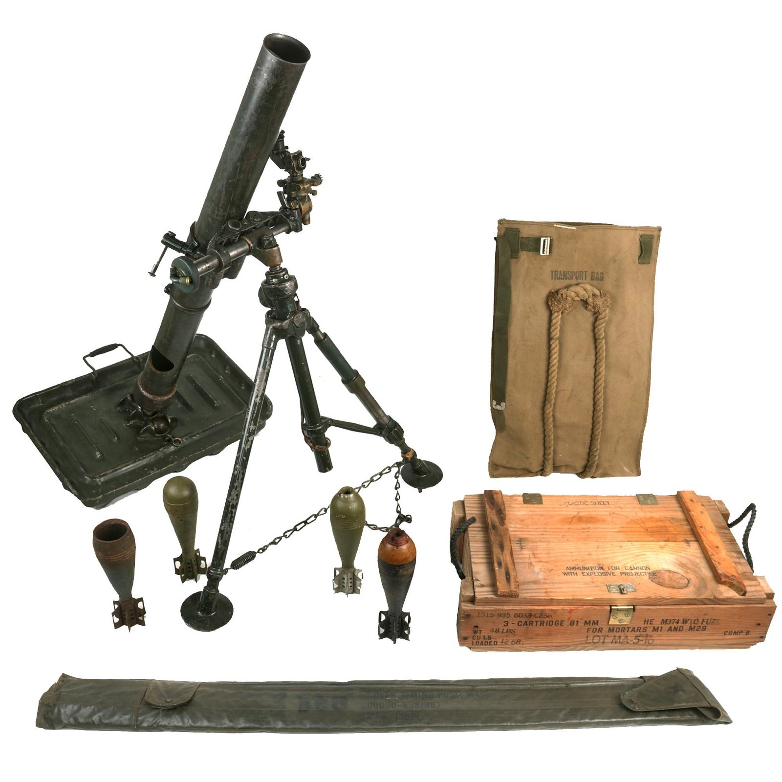 Buy Original U.S. WWII 1945 Dated 81mm Display M1 Mortar System with Bipod, Baseplate, French Brandt Mle 27/31 Tube & Accessories | Original Firearms Antique For Sale