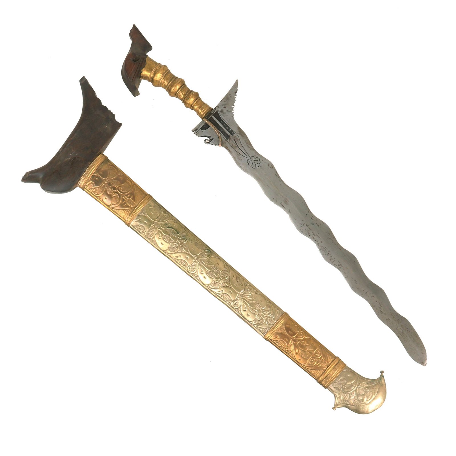 Buy Original 19th Century Philippine Moro Kris Wavy Blade Short Sword with Embossed Metal Clad Scabbard | Original Firearms Antique For Sale