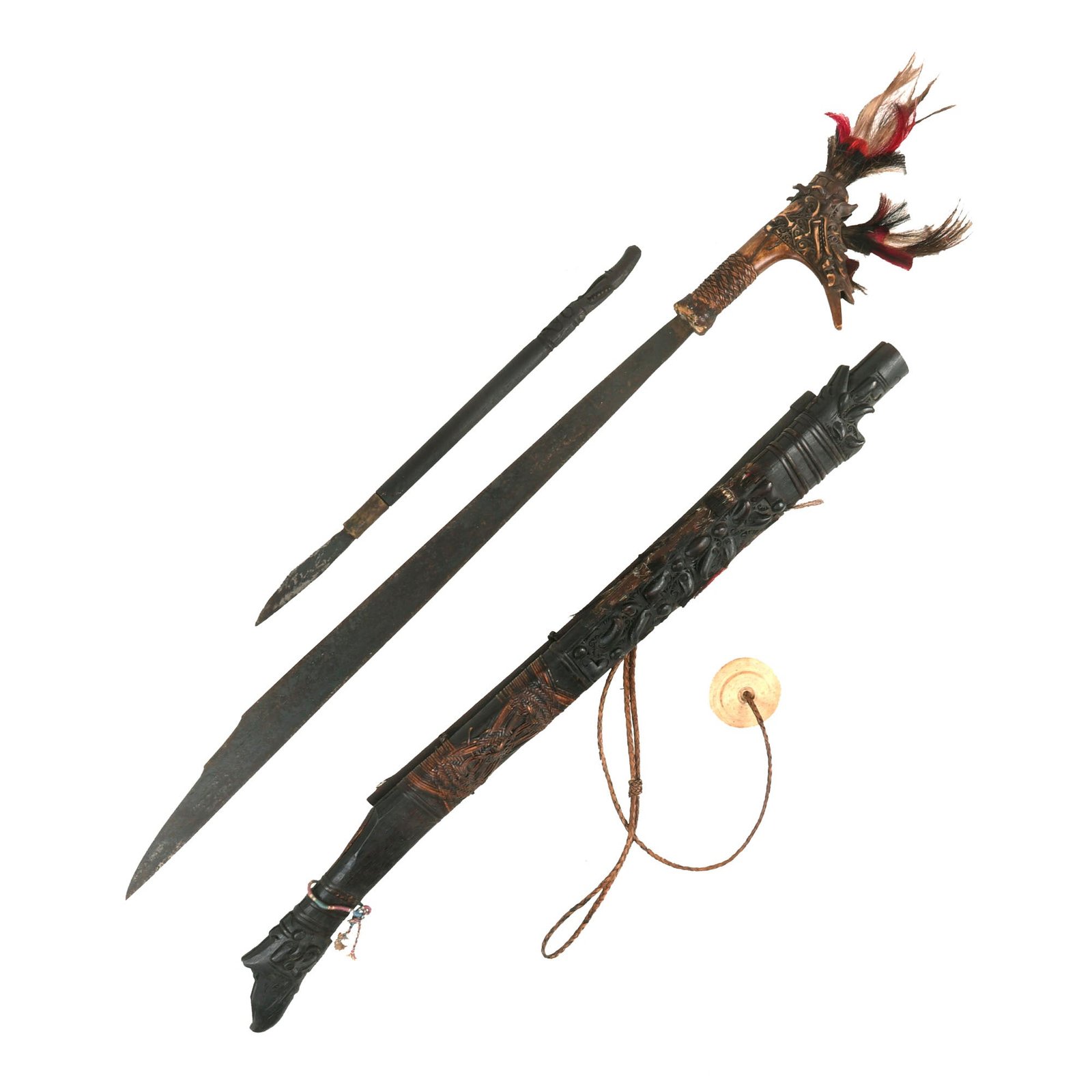 Buy Original 19th Century Borneo Dayak Headhunters Mandau with Pisau Raout Knife & Wooden Scabbard | Original Firearms Antique For Sale
