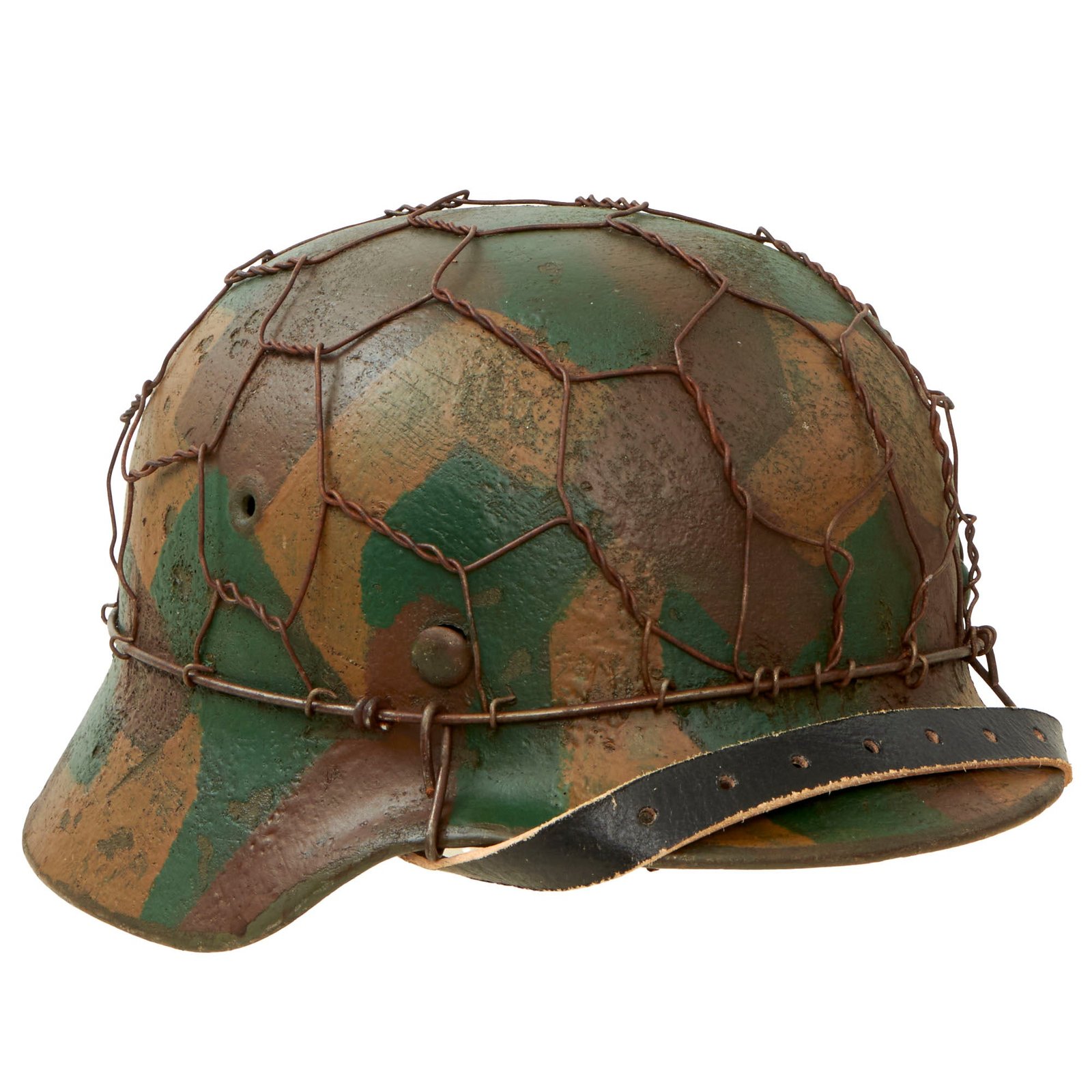 Buy Original German WWII M40 Refurbished Chicken Wire Half Basket Normandy Splinter Camouflage SS Helmet - Stamped EF64 | Original Firearms Antique For Sale