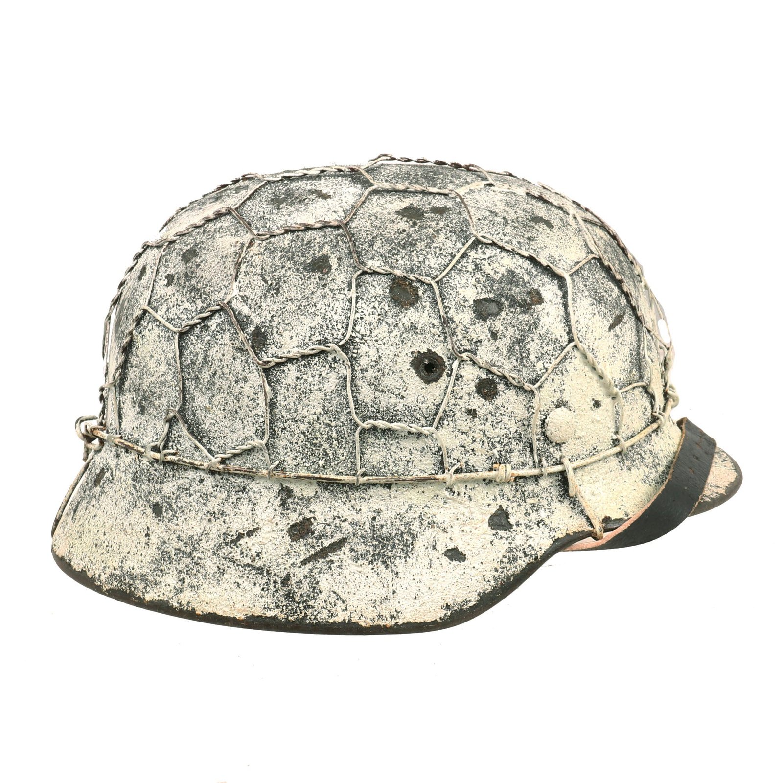 Buy Original German WWII Refurbished M40 SS Battle of Leningrad Textured Winter Camouflage Chicken Wire Helmet - Stamped EF66 | Original Firearms Antique For Sale