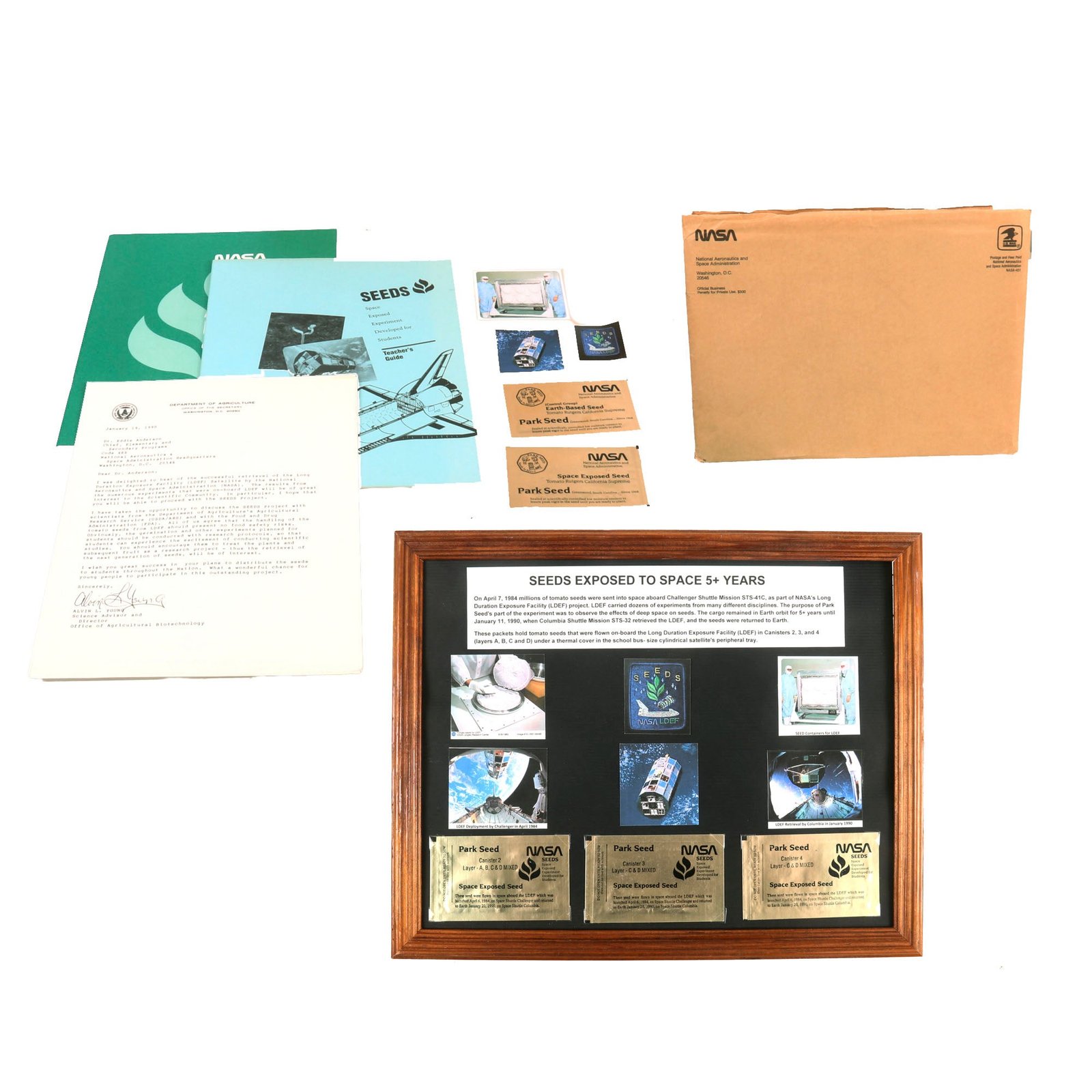 Buy Original U.S. NASA 1984 LDEF Framed Group of 5 Seed Packets Exposed to Space for 5 Years - Space Shuttles Challenger & Columbia | Original Firearms Antique For Sale