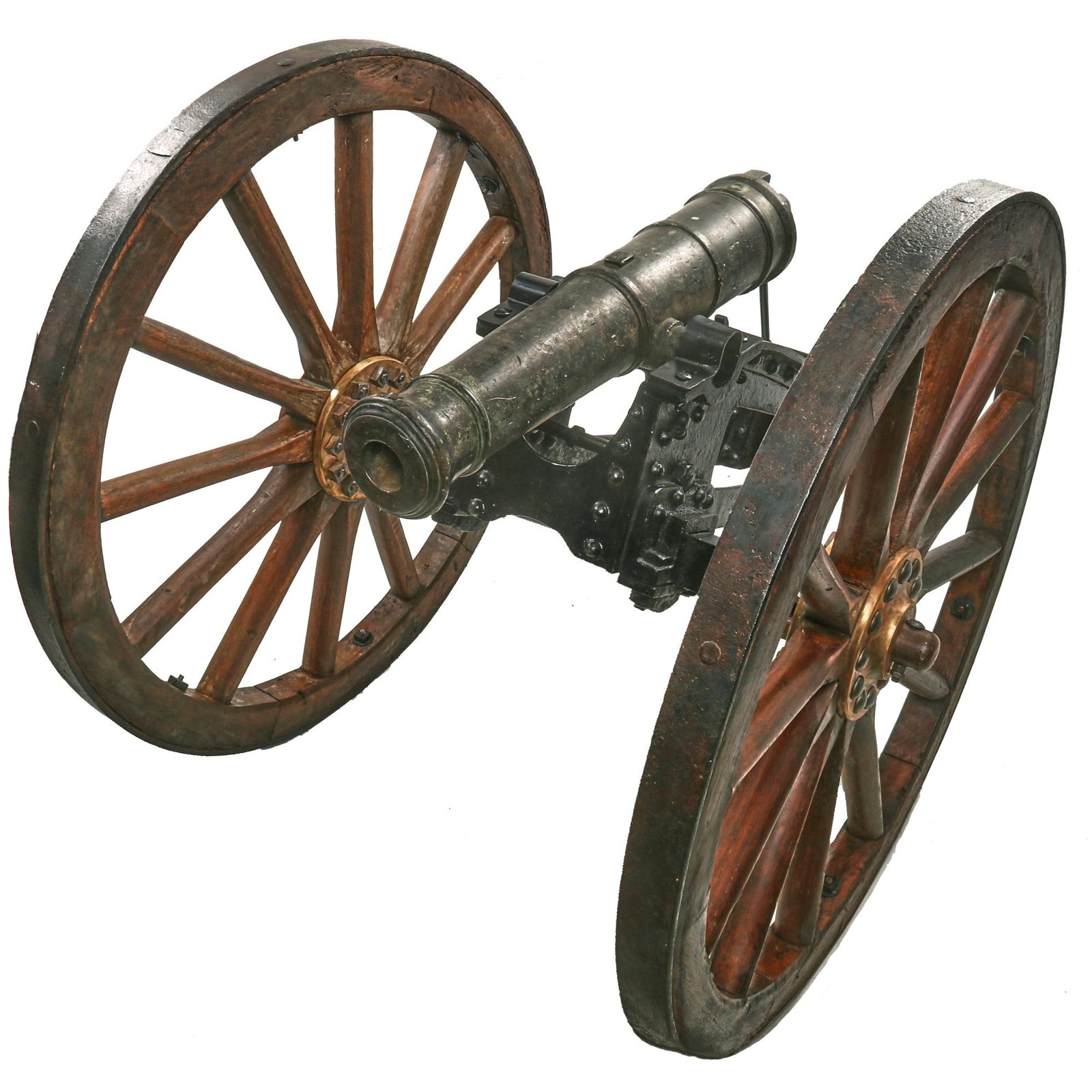 Buy Original British Early 19th Century Bronze 1-Pounder Falconet Cannon with War Department Marked Iron Carriage and Wood Spoked Wheels | Original Firearms Antique For Sale