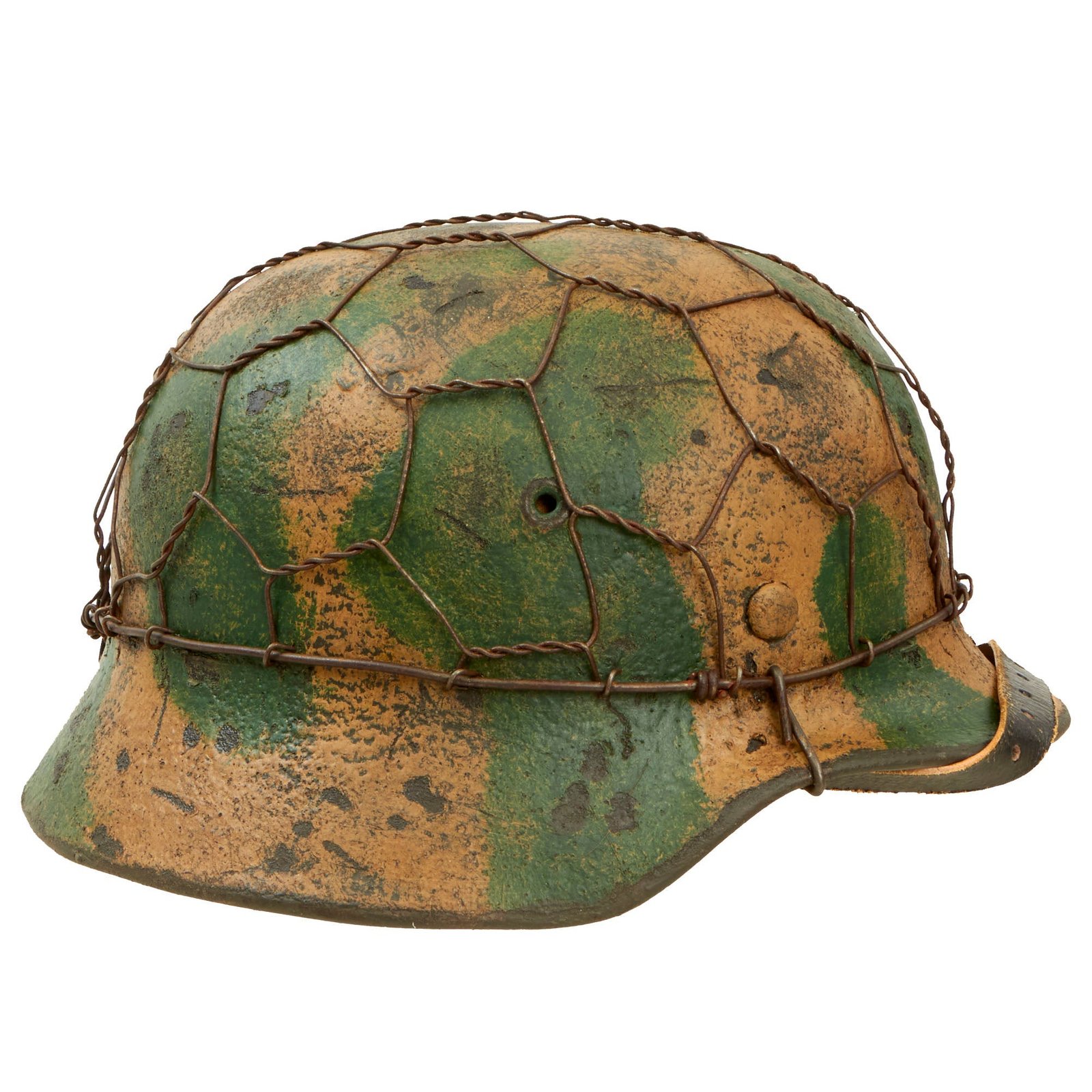 Buy Original German WWII M40 Refurbished Rare Island Pattern Camouflage Chicken Wire Half Basket Helmet - Stamped EF64 | Original Firearms Antique For Sale