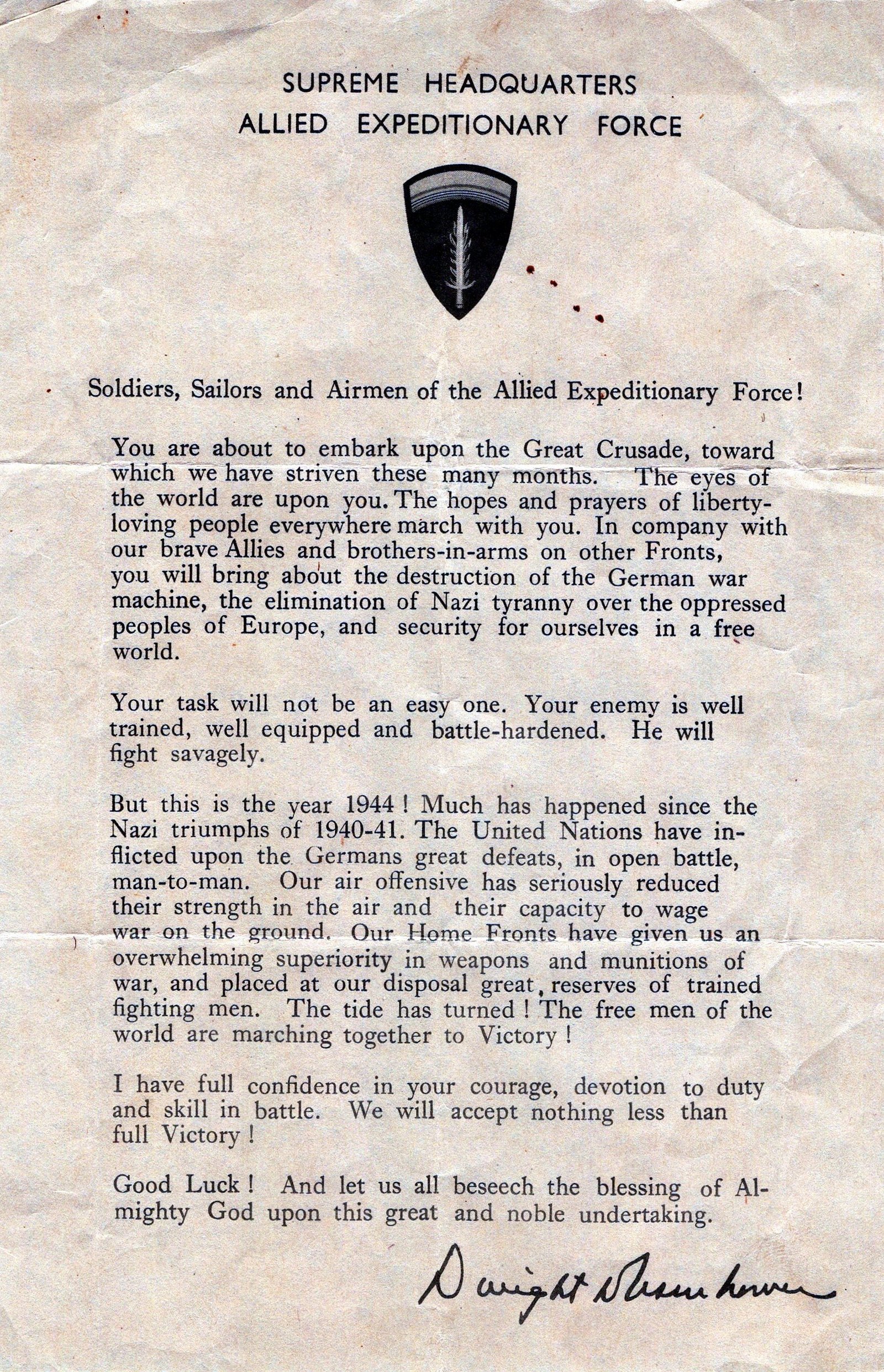 Buy Original U.S. WWII SHAEF Eisenhower Letter Sent to the Troops Before D-Day | Original Firearms Antique For Sale