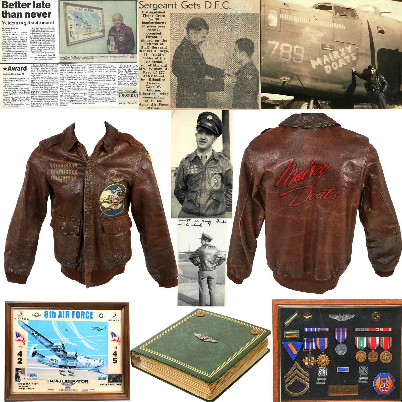 Buy Original U.S. WWII B-24 “Mairzy Doats” Aerial Gunner Distinguished Flying Cross Recipient Manuel A. Rego Painted A-2 Flight Jacket with 200 Wartime Photos, Award Certificates and More - 579th Bomb Squadron, 392nd Bomb Group, 8th Air Force | Original Firearms Antique For Sale
