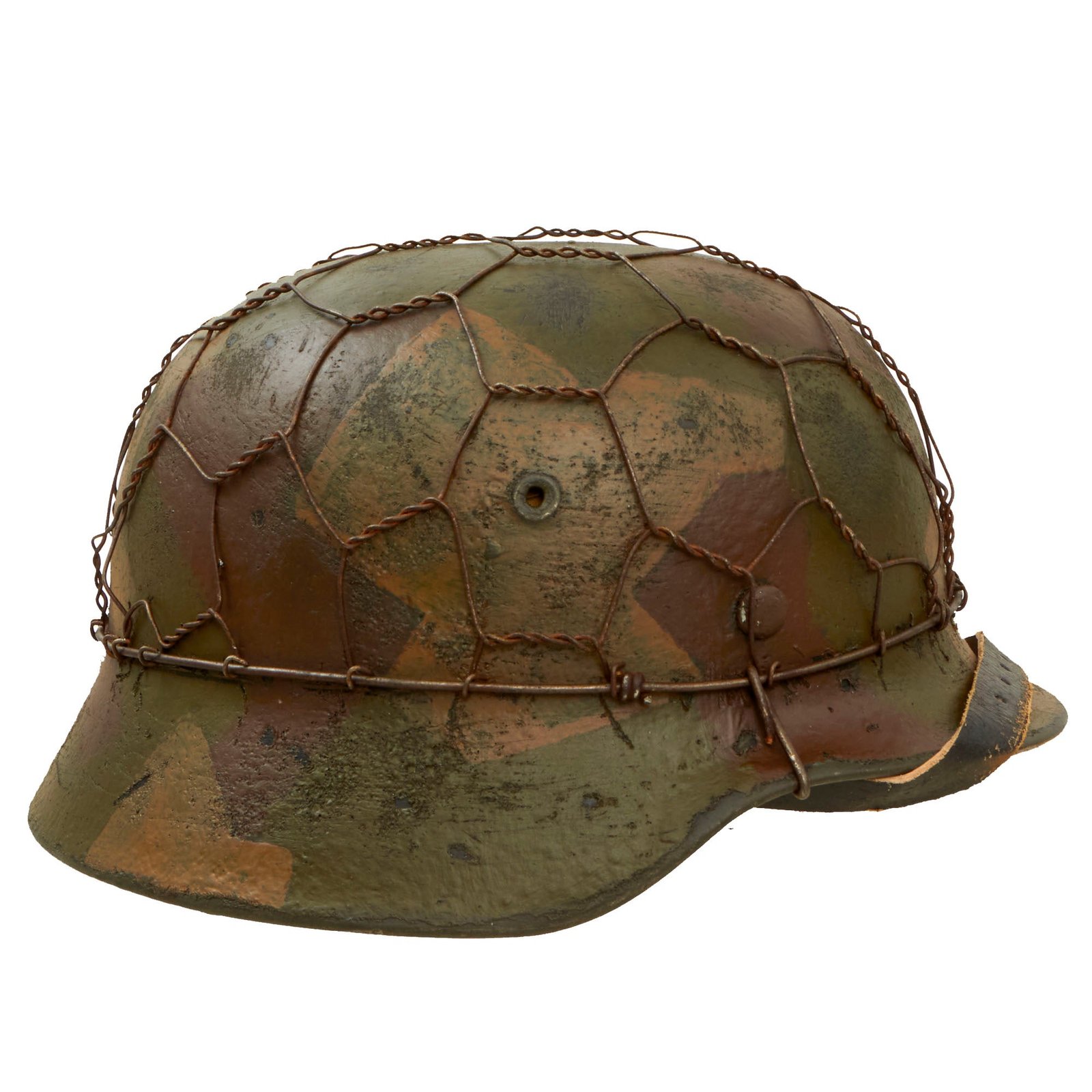 Buy Original German WWII M40 Refurbished Chicken Wire Half Basket Normandy Splinter Camouflage SS Helmet - Stamped EF66 | Original Firearms Antique For Sale