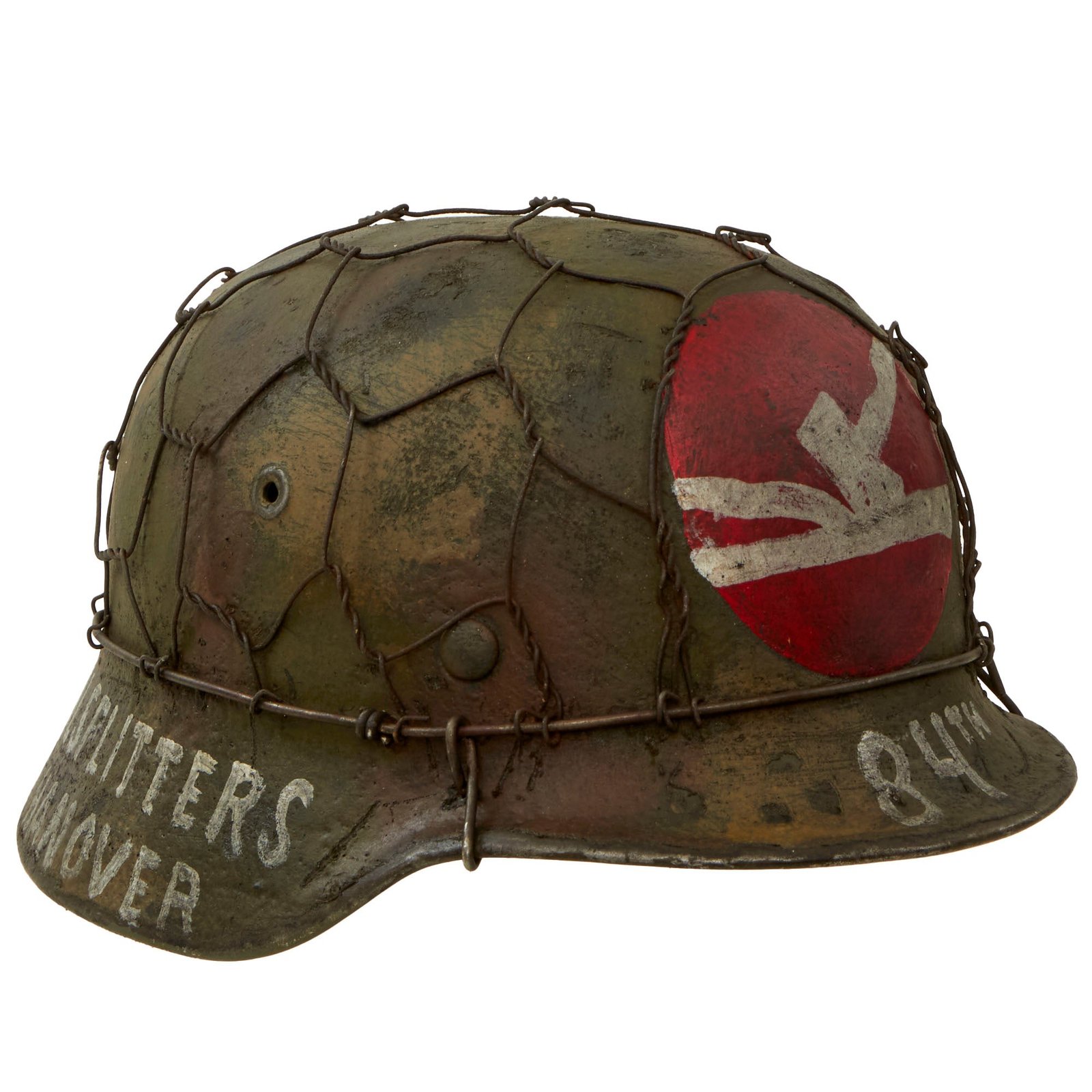 Buy Original German WWII M40 Refurbished 84th Infantry Division Souvenir Camouflage Chicken Wire Helmet - Stamped EF66 | Original Firearms Antique For Sale