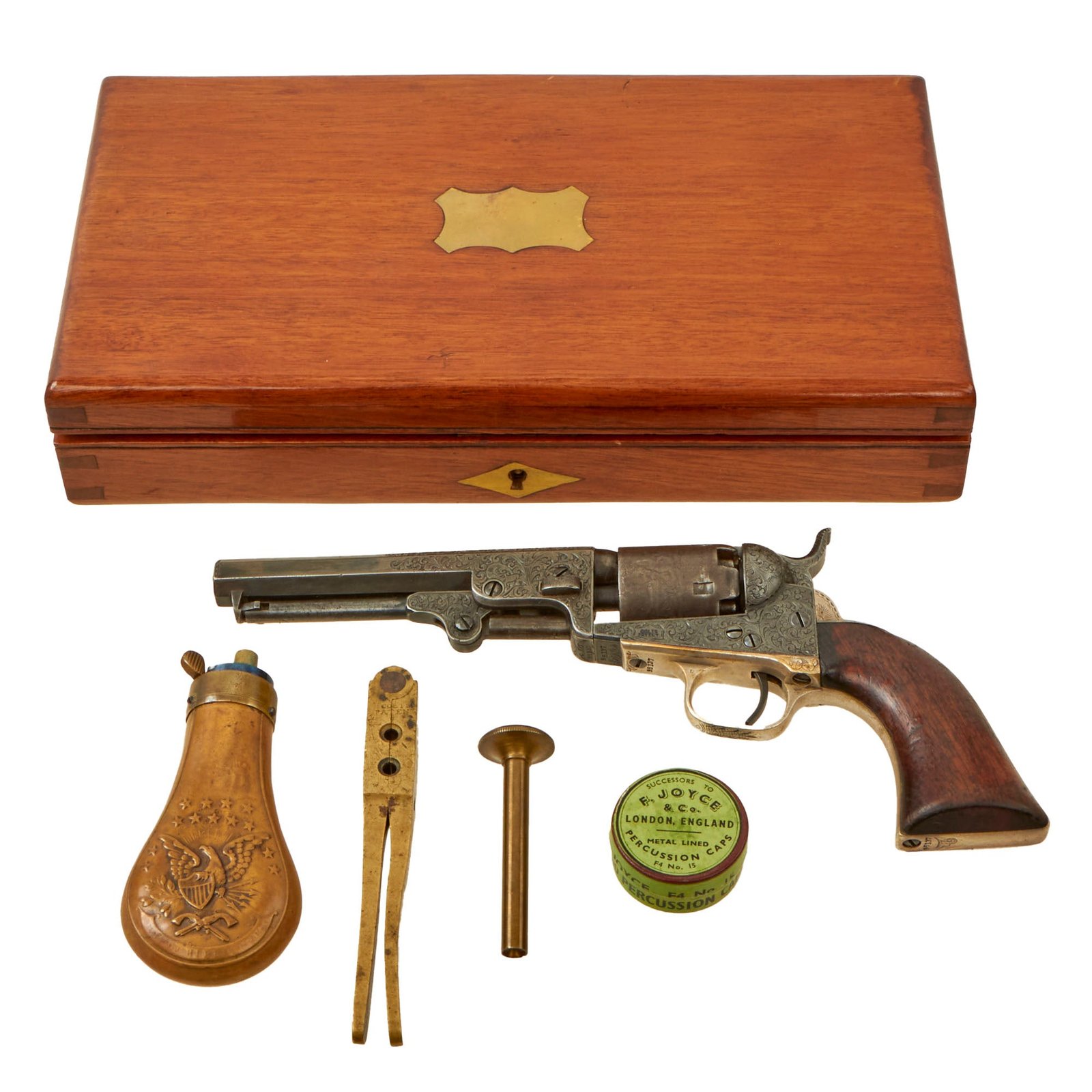 Buy Original U.S. Gustave Young Factory Engraved Colt M1849 Pocket Percussion Revolver with 5" Barrel Made in 1854 in Custom Case with Accessories - Serial 95137 | Original Firearms Antique For Sale