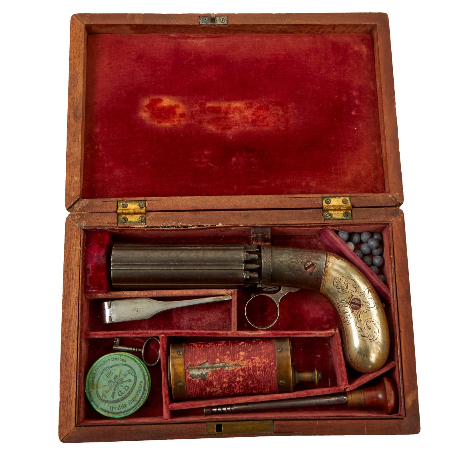 Buy Original 19th Century European J.R. Cooper Style Underhammer Pepperbox Percussion Revolver in Custom Case with Accessories - circa 1845 | Original Firearms Antique For Sale