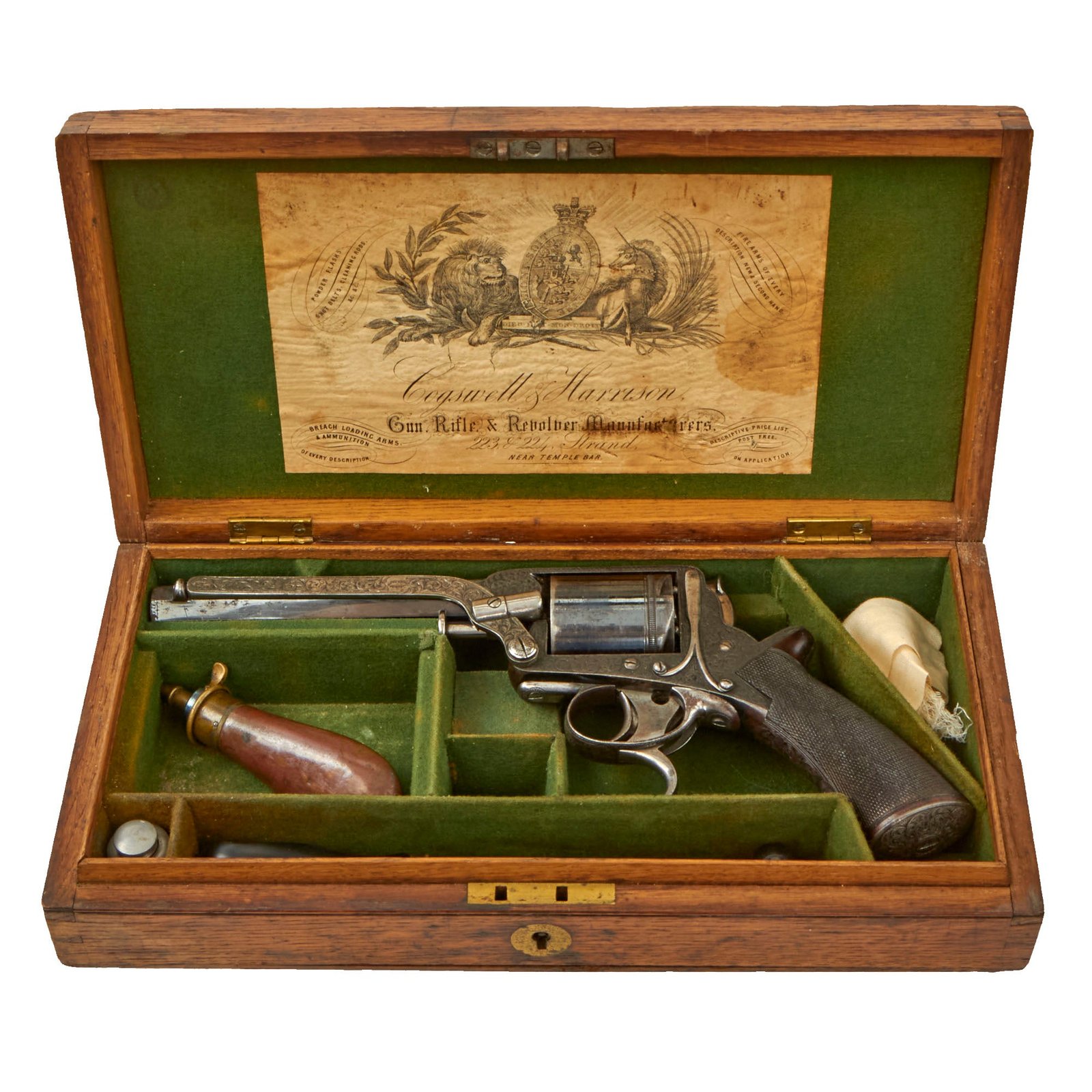 Buy Original British Tranter 54 Bore 3rd Model "Treble Action" Centerfire Converted Engraved Revolver Serial 7024T Custom Case with Accessories - Circa 1857 | Original Firearms Antique For Sale
