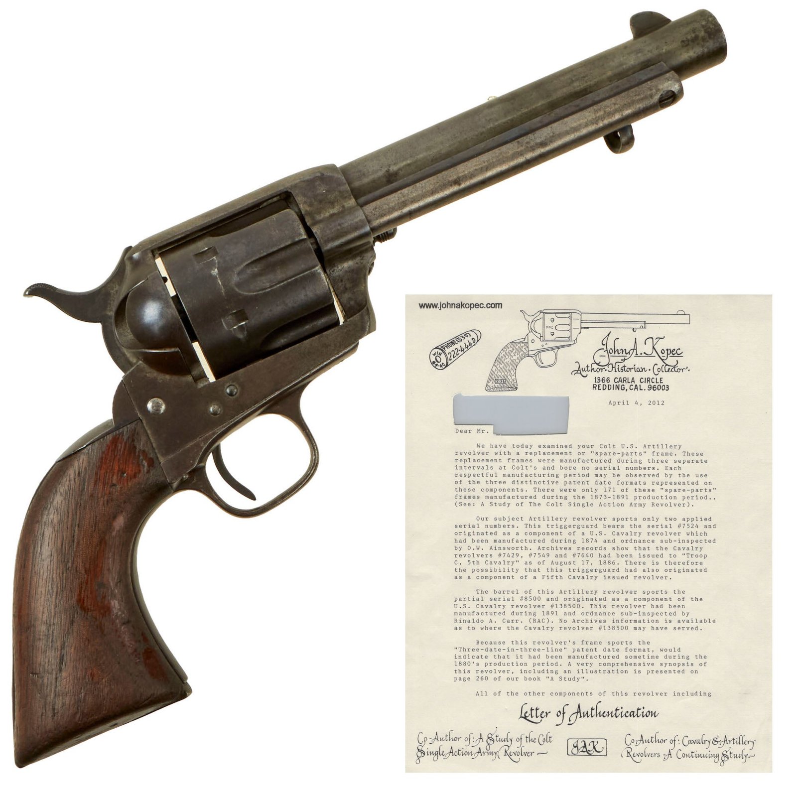 Buy Original Antique U.S. Colt .45cal Single Action Army "Artillery Model" Reworked Revolver with Scarce No-Number Frame and Research by John A. Kopec - 1 of 23 Known Examples | Original Firearms Antique For Sale
