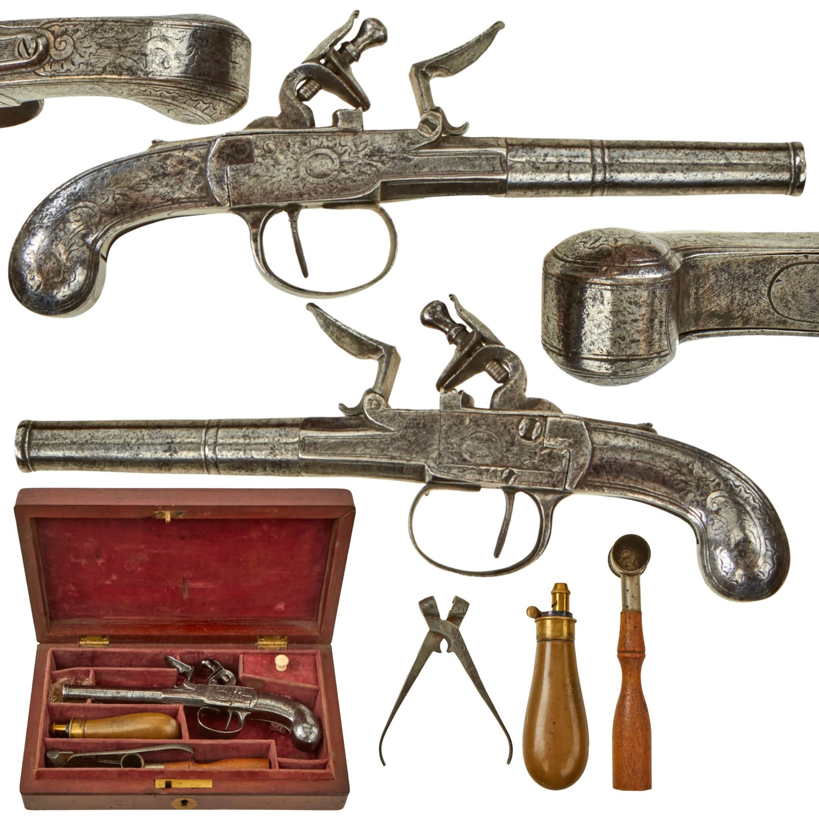 Buy Original Scottish All Steel Flintlock Box-lock Rifled Pocket Pistol in Custom Wood Case with Accessories - Circa 1820 | Original Firearms Antique For Sale