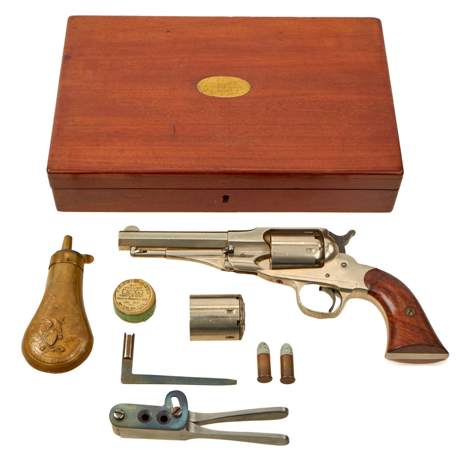 Buy Original U.S. Civil War Nickel Plated Remington New Model Police Revolver in Custom Wood Case with Accessories - Serial 5111 | Original Firearms Antique For Sale
