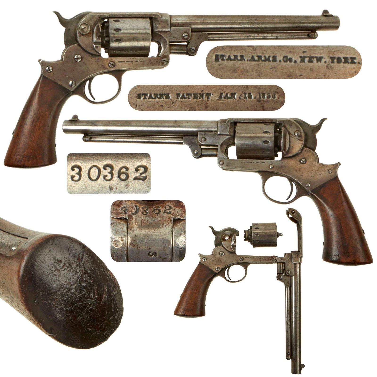 Buy Original U.S. Civil War Starr Arms M1863 .44cal Single Action Army Percussion Revolver with Worn Grip Cartouches - Serial 30362 | Original Firearms Antique For Sale