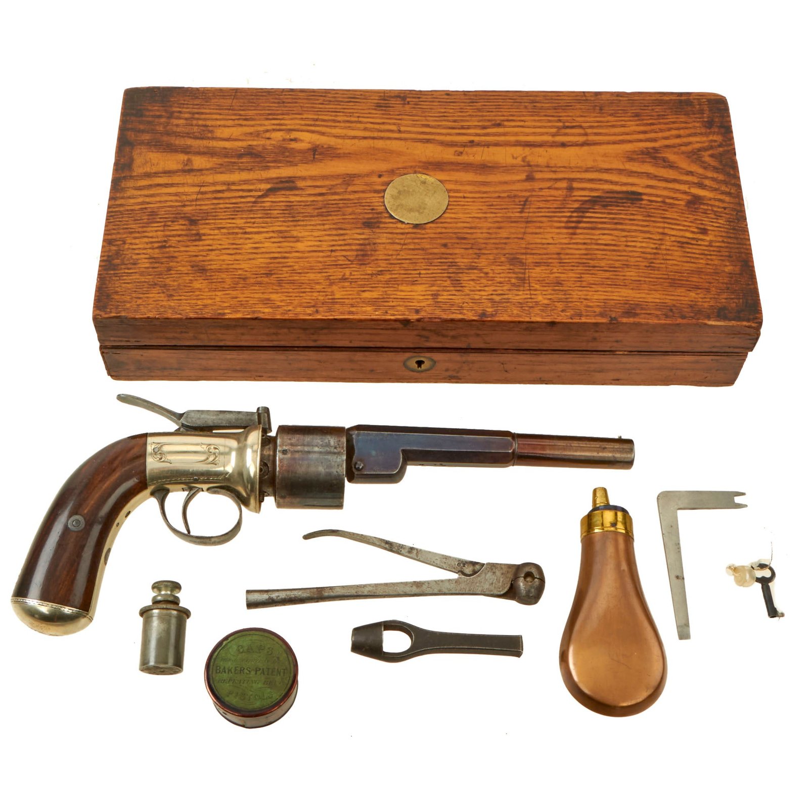 Buy Original British Victorian Nickel Silver Framed Thomas K. Baker Longspur Hammer Percussion Revolver Serial 2194 in Custom Wood Case with Accessories- circa 1855 | Original Firearms Antique For Sale