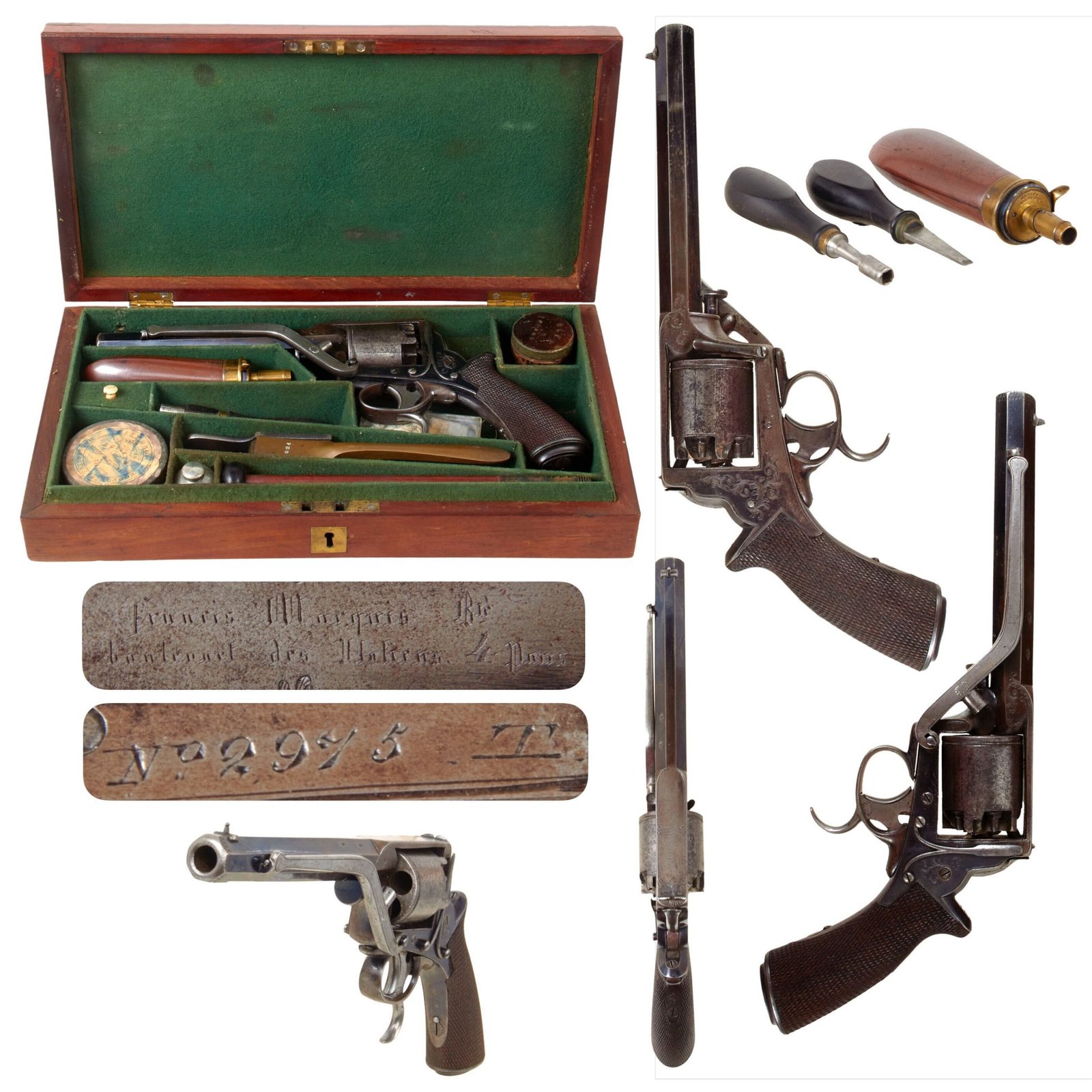 Original British Tranter 54 Bore 2nd Model "Treble Action" Engraved Percussion Revolver Serial 2975T in Custom Case with Accessories - Circa 1857