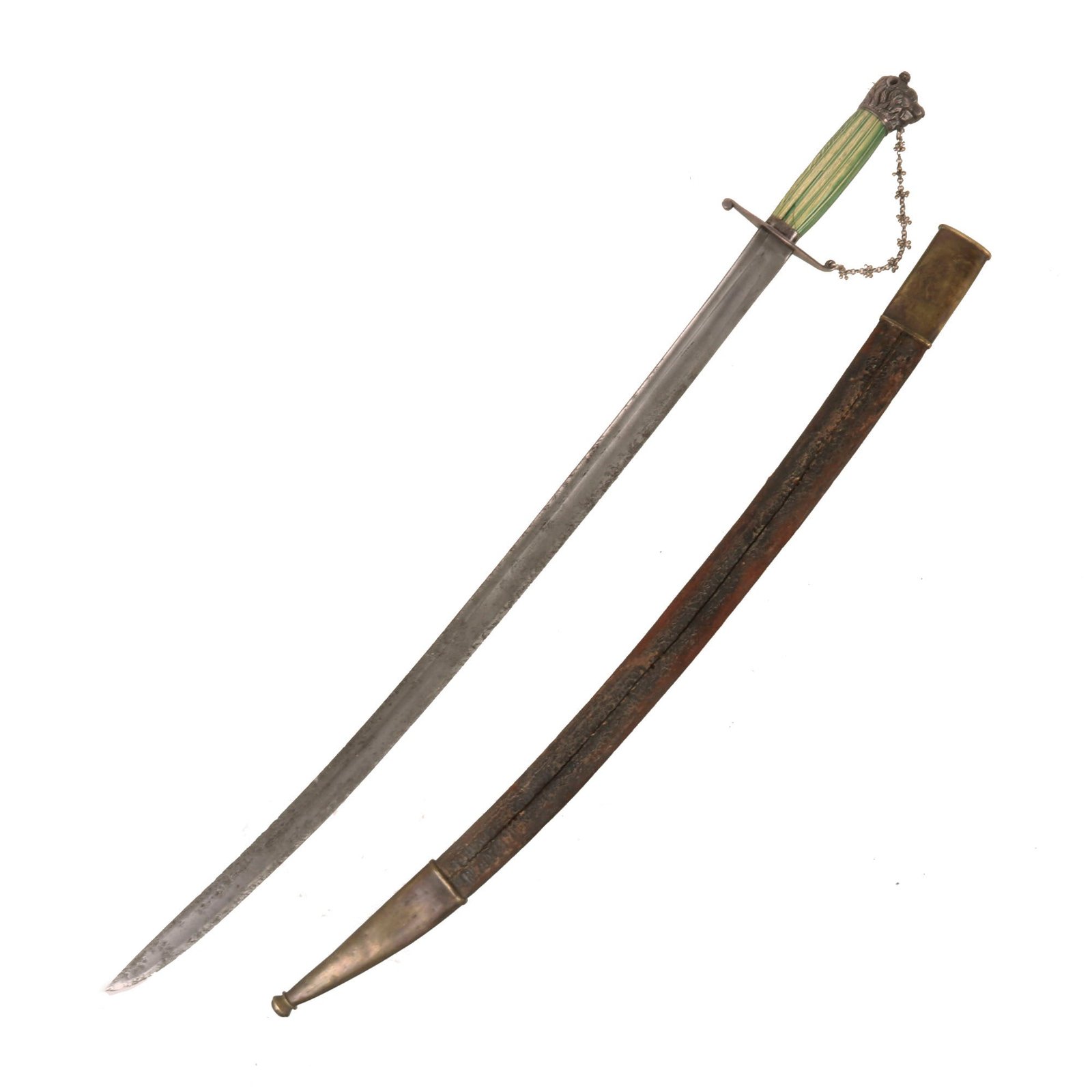Buy Original British American Revolutionary War Era Silver-Mounted Lion’s Head Officer’s Cuttoe Sword with Arsenic-Dyed Bone Grip & Chain Guard with Scabbard by James Woolley of Birmingham | Original Firearms Antique For Sale