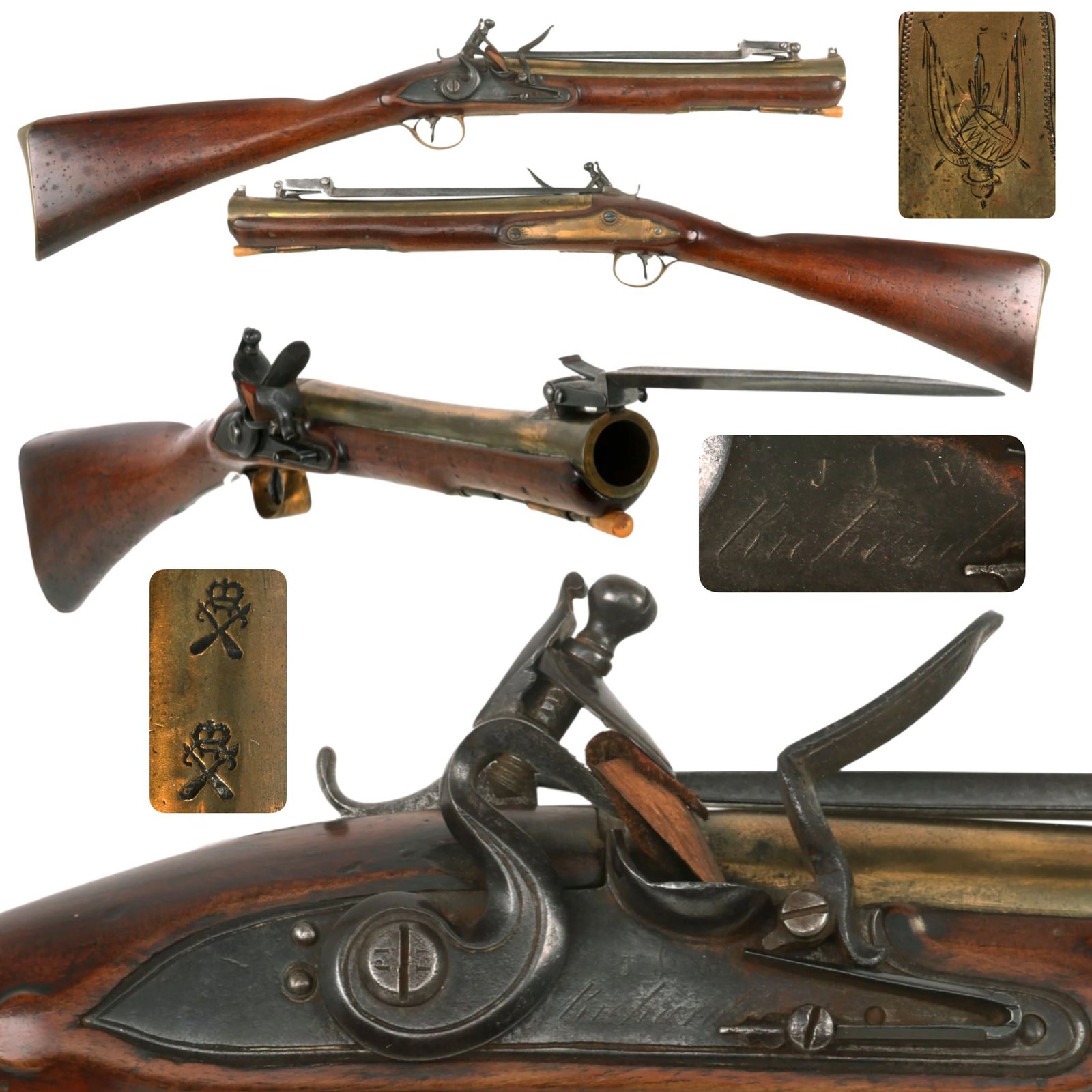 Buy Original British Brass Barrel Flintlock Coaching Blunderbuss by Joseph & William Richards of London with Spring Loaded Bayonet - circa 1810 | Original Firearms Antique For Sale